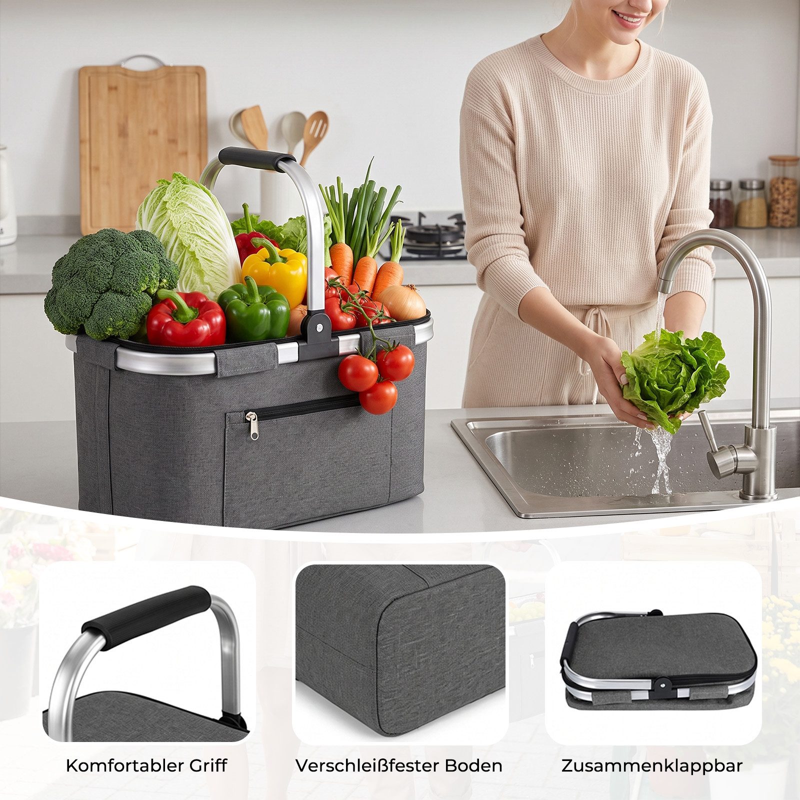 AKKEE Einkaufskorb Großer Picknickkorb mit gepolsterten Griffen Praktischer, Faltbarer Korb Einkaufstasche mit Aluminiumrahmen – Bild 5 von 5