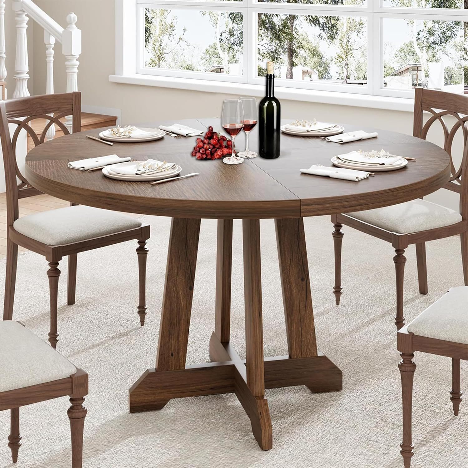 GarveeMore Esstisch runder 47 Zoll aus Holz,robuster Holzsockel für 4 Personen, Küchentische mit Holzsockel für Esszimmer,Küche,Wohnzimmer – Bild 5 von 5