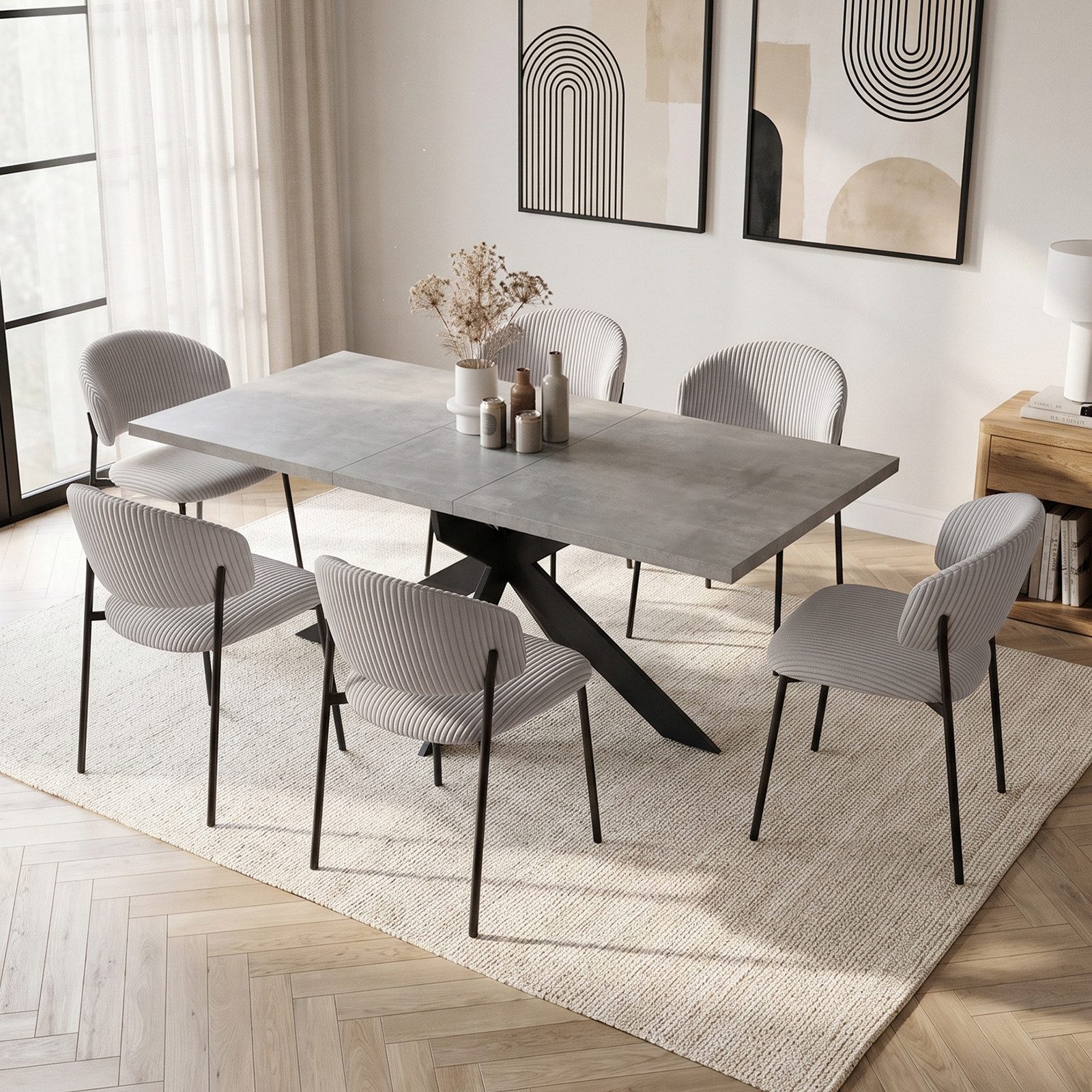 Jiexi Essgruppe Ausziehbarer Esstisch 160-200cm MDF Rhein Set Cord Stühle