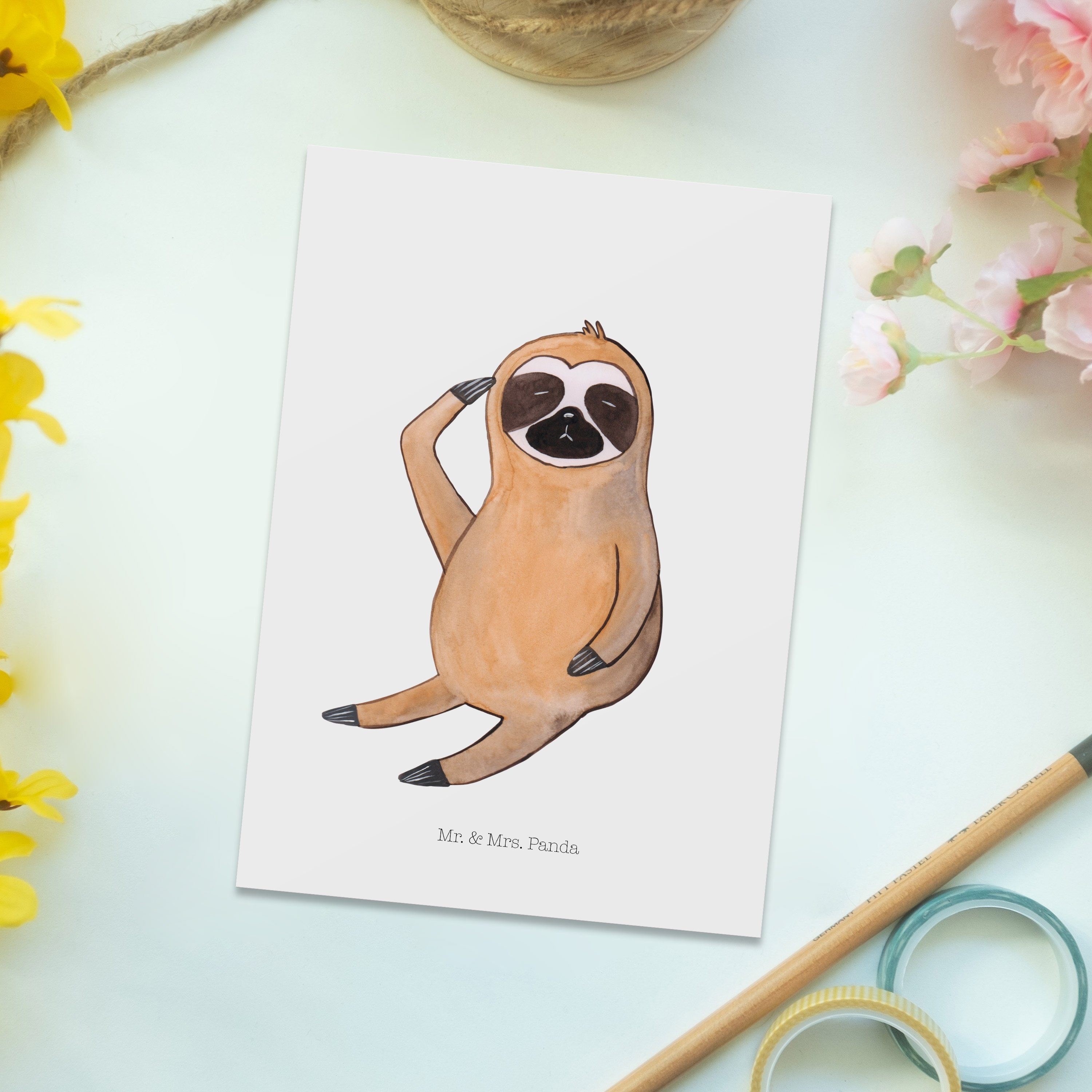 Mr. & Mrs. Weiß - Faultier - Postkarte Deko, Panda Faultier zeigen Geschenk, Vogel Geschenkkarte