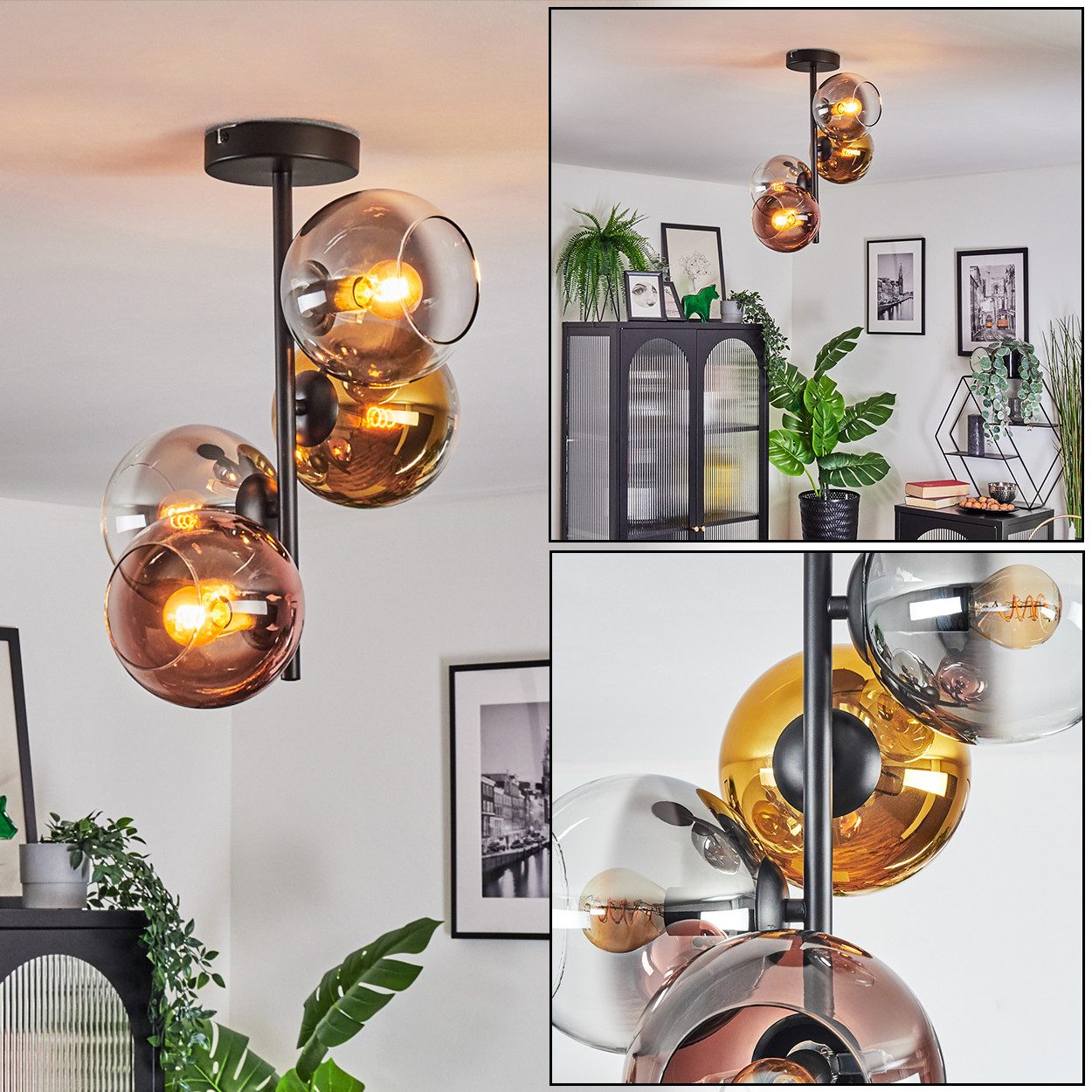 hofstein Stehlampe Deckenlampe aus Metall/Glas in Schwarz/Rauch/Gold/Kupfer/Klar, ohne Leuchtmittel, Deckenleuchte im Retro/Vintage-Design (Schirme Ø 15 cm), 4 x E14