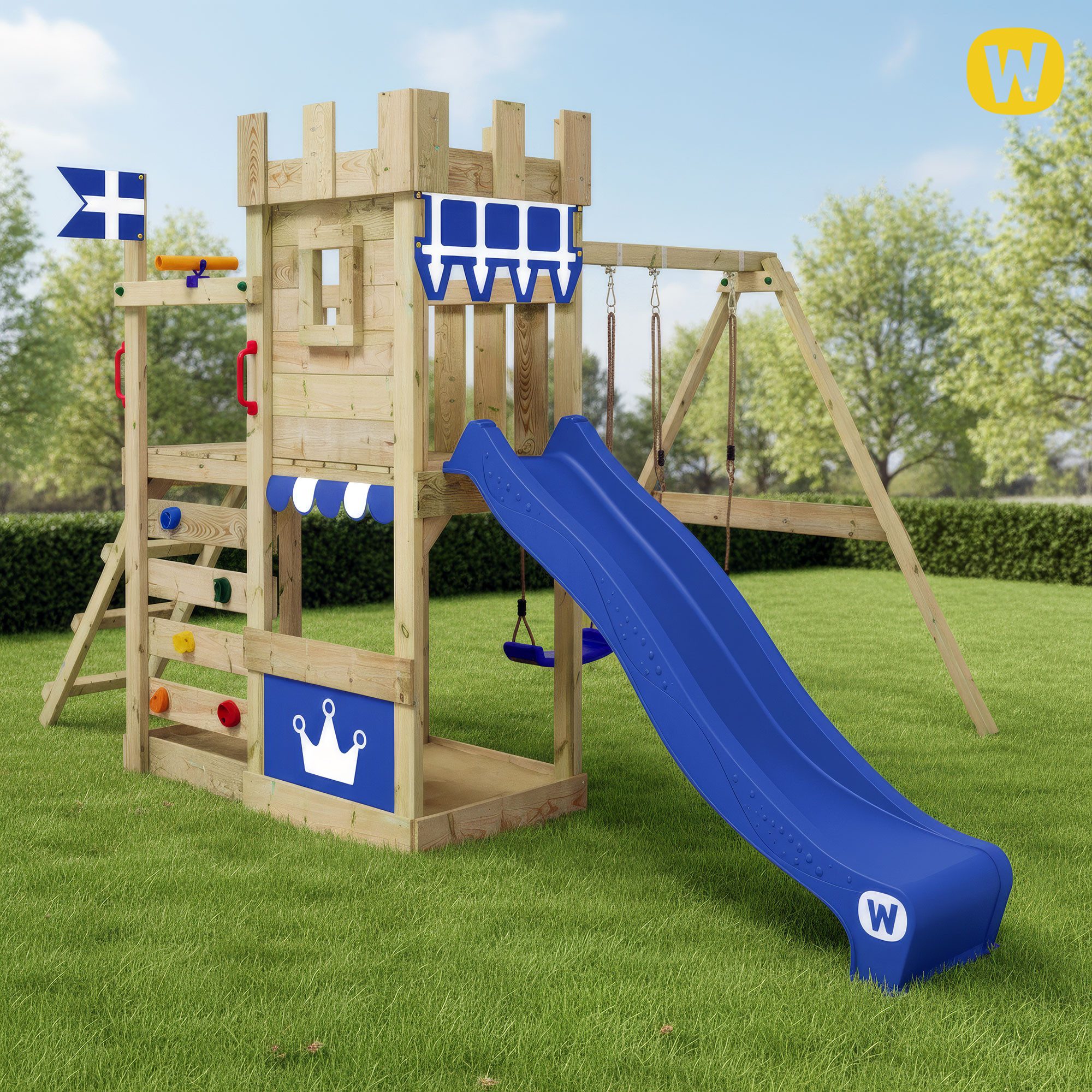 Wickey Spielturm RoyalFlyer – Abenteuer-Spielgerät für Garten mit Rutsche und Schaukel, Spielhaus-Ritterburg mit 10 Jahren Garantie*