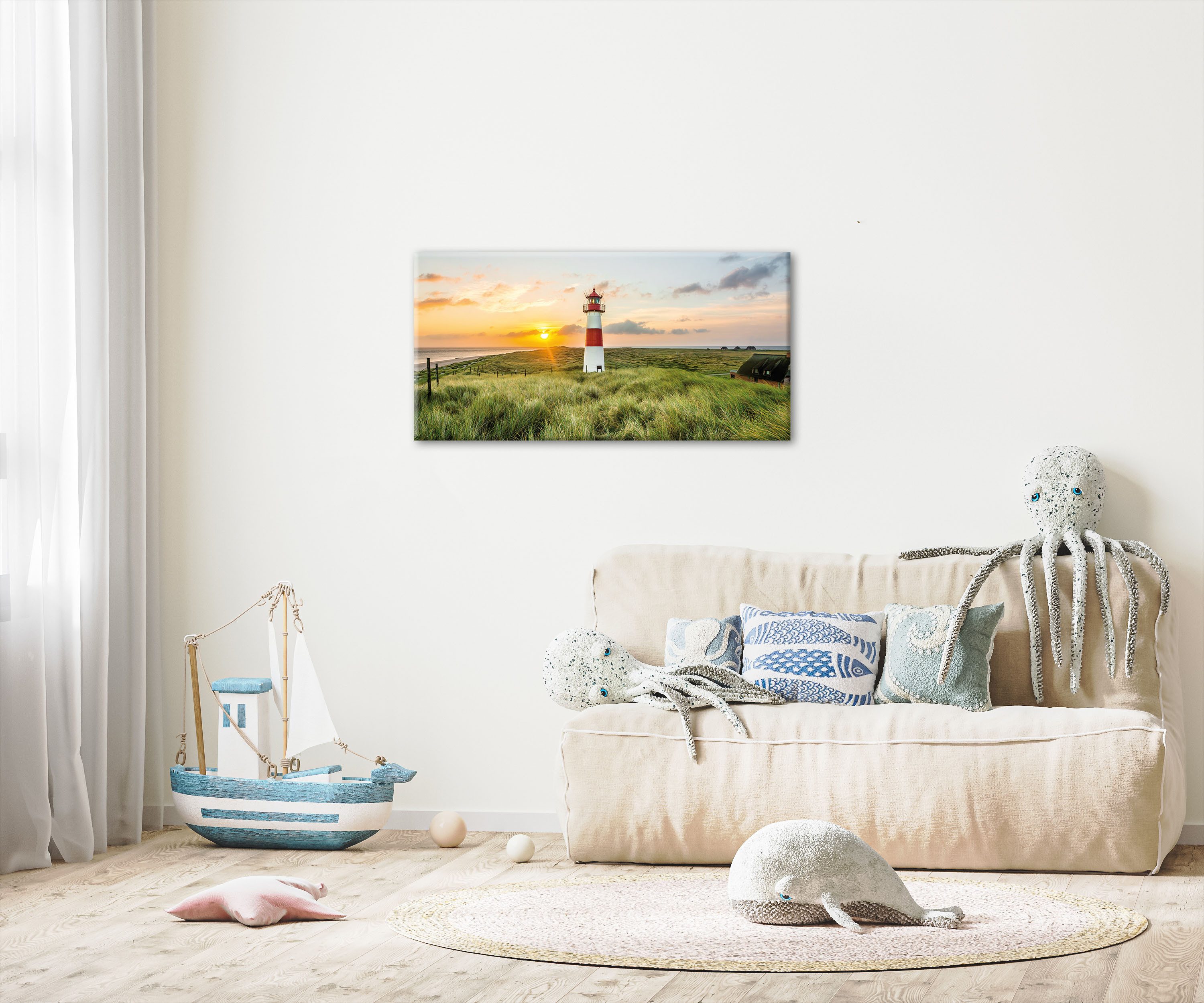 Bönninghoff Leinwandbild, Küste, Landschaft, Leuchtturm, Meer, Natur, Sommer, Sonnenuntergang (1 St)