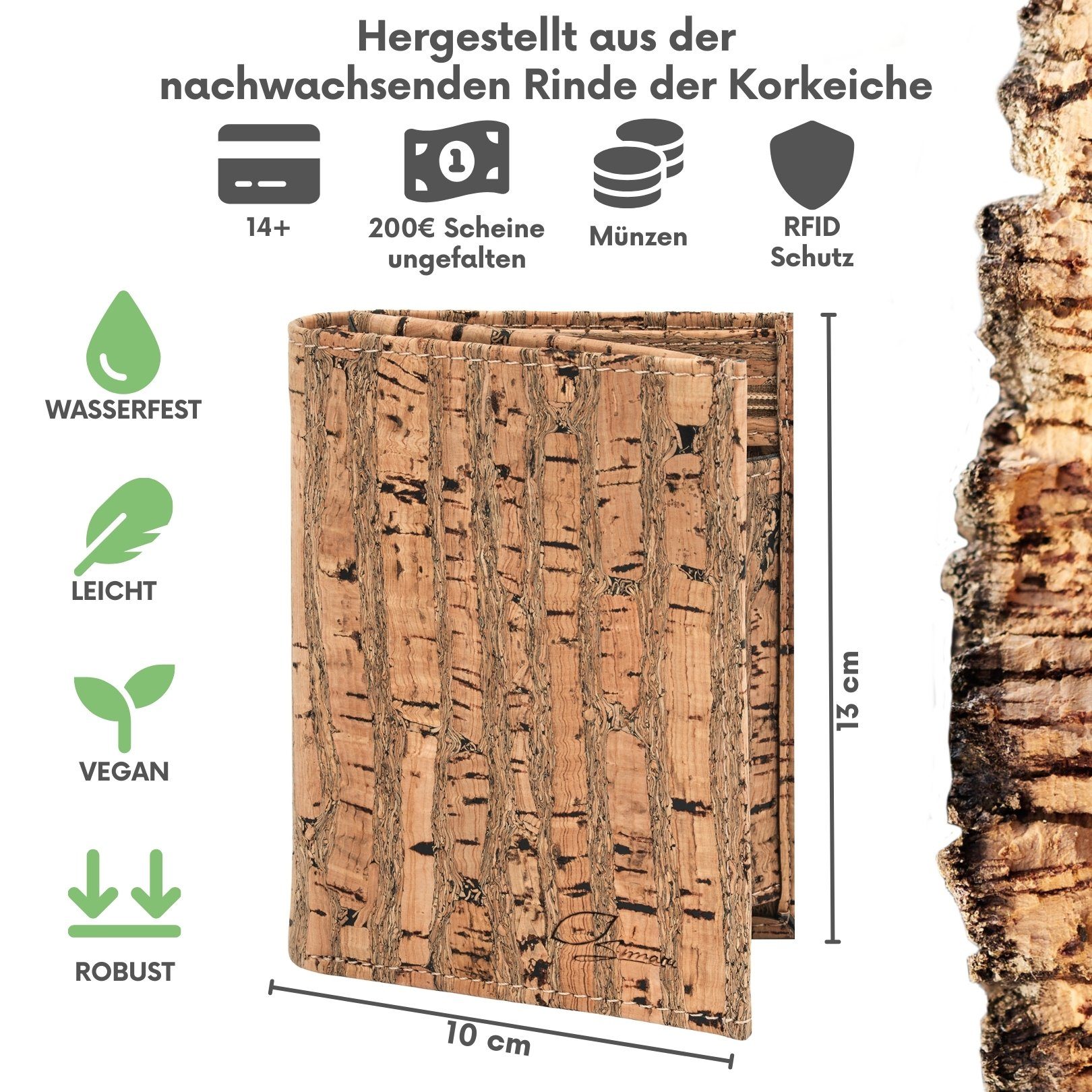 Simaru Geldbörse MAEL, Portmonee aus Kork, veganer RFID-Schutz, wasserdicht und langlebig