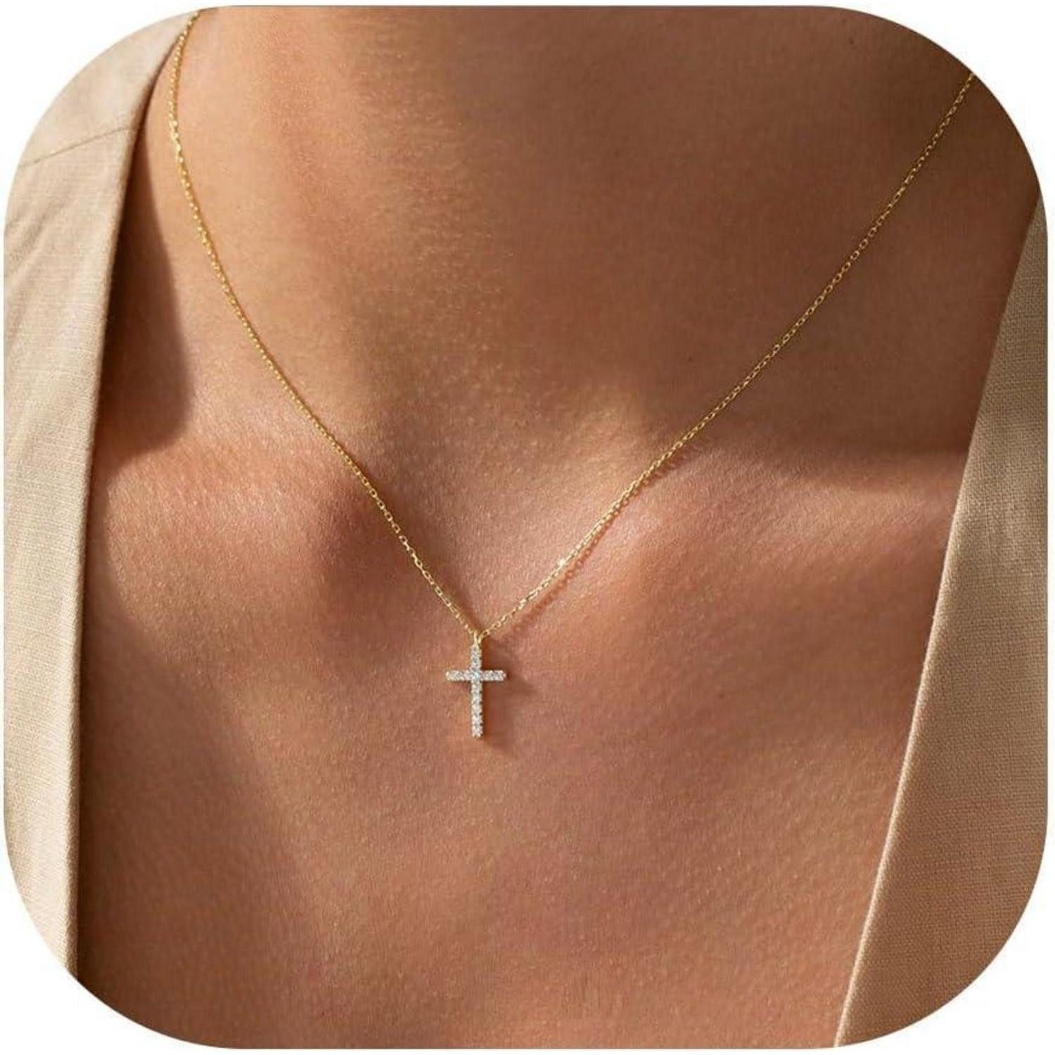 LuxusKollektion Kreuzkette Kreuz Kette Damen 14K Gold Vergoldet Layered Halskette Exquisit