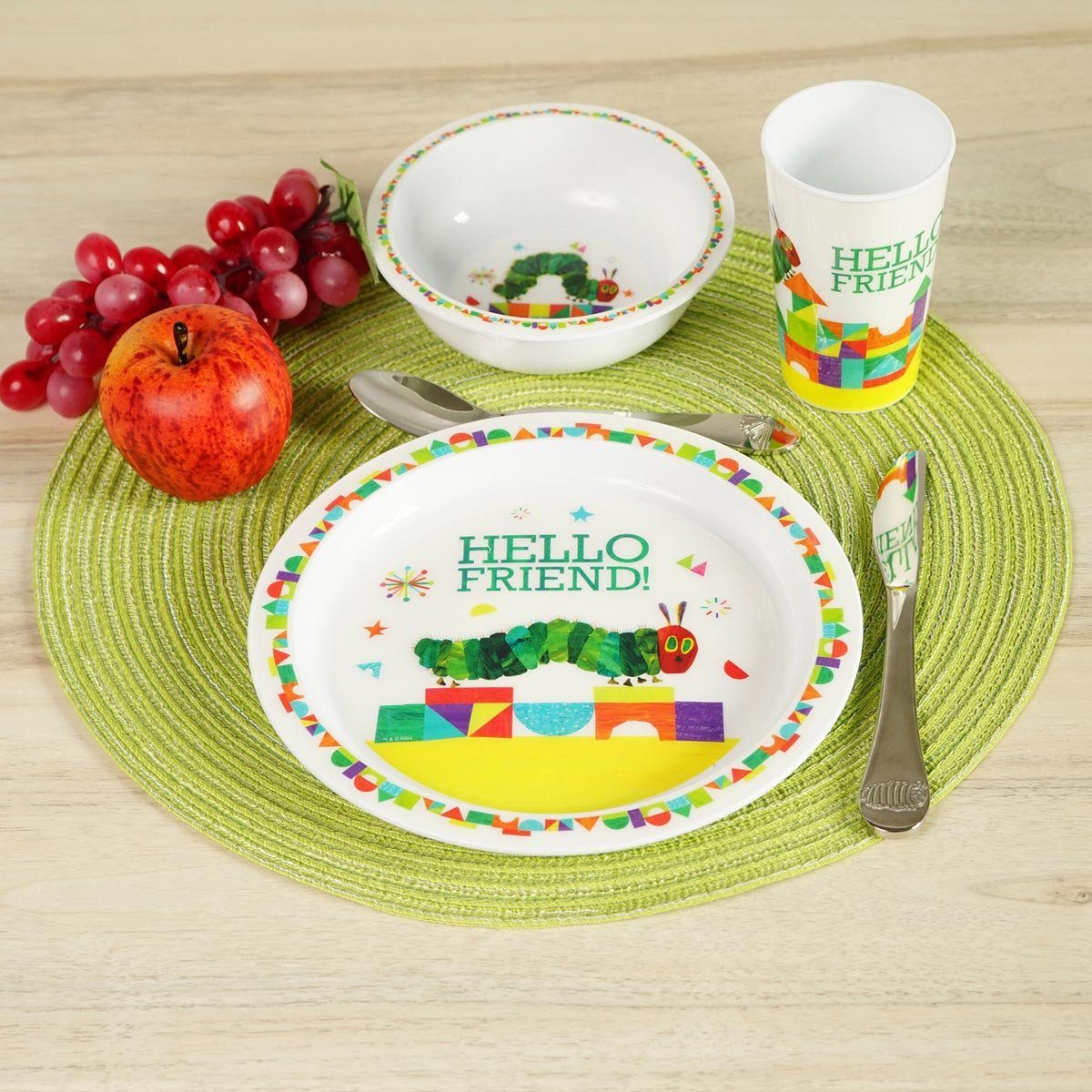 Geda Labels GmbH Kindergeschirr-Set Raupe Nimmersatt Hello Friend 3tlg. (3-tlg), PP, Grün, 21,5x21,5x8,5, spülmaschinengeeignet