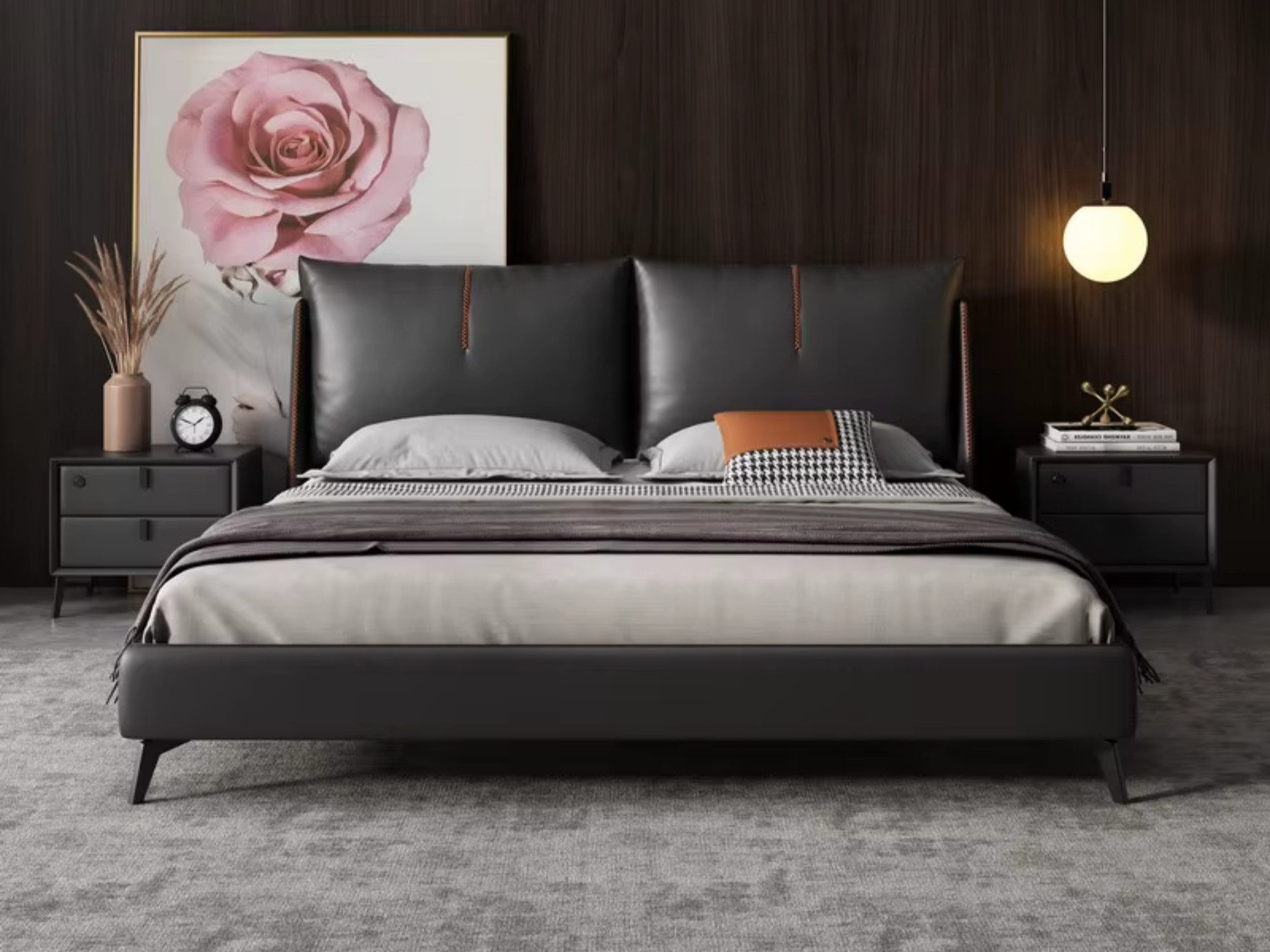 mukuhi Polsterbett Echtlederbett 180x200 cm mit Lattenrost und Komfortkopfteil