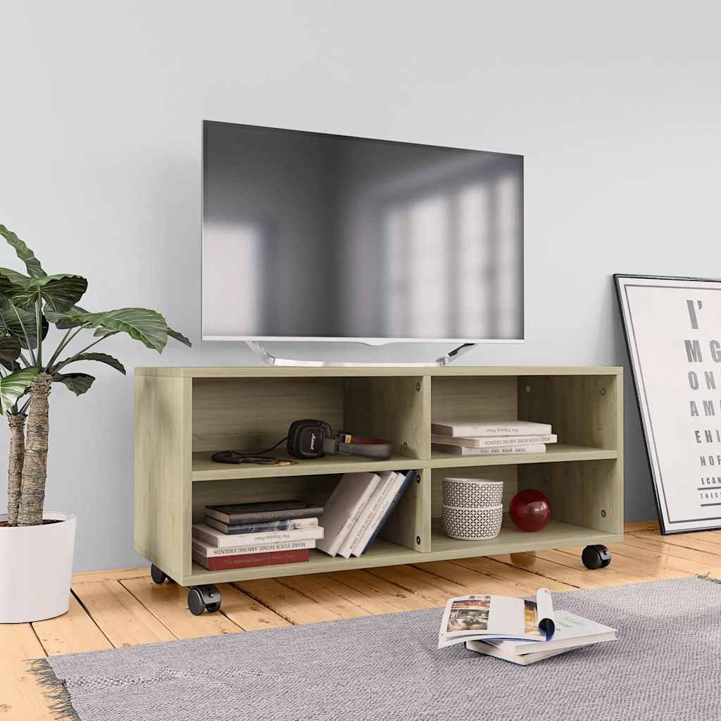 furnicato TV-Schrank 90 x 35 x 35 cm Sonoma-Eiche (1-St) Lowboard mit 4 offenen Fächern und feststellbaren Laufrollen