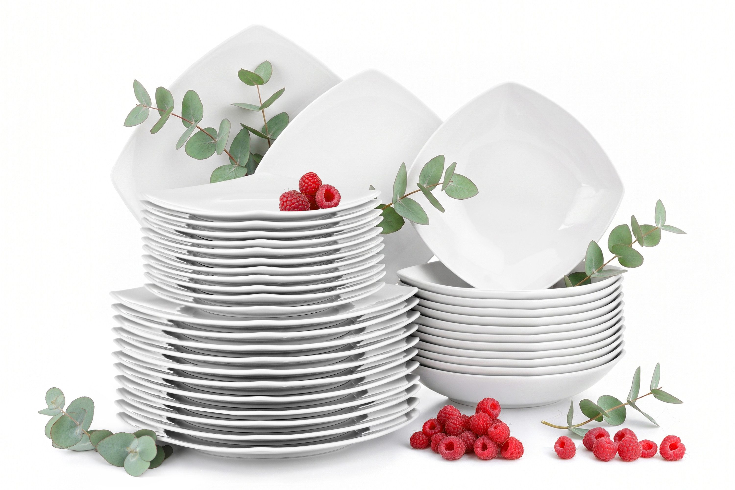 KONSIMO® Tafelservice CARLINA Dessertteller Suppenteller Speiseteller (36-tlg), 12 Personen, Porzellan, Spulmachinen- und Mikrowellengeeignet, quadratisch
