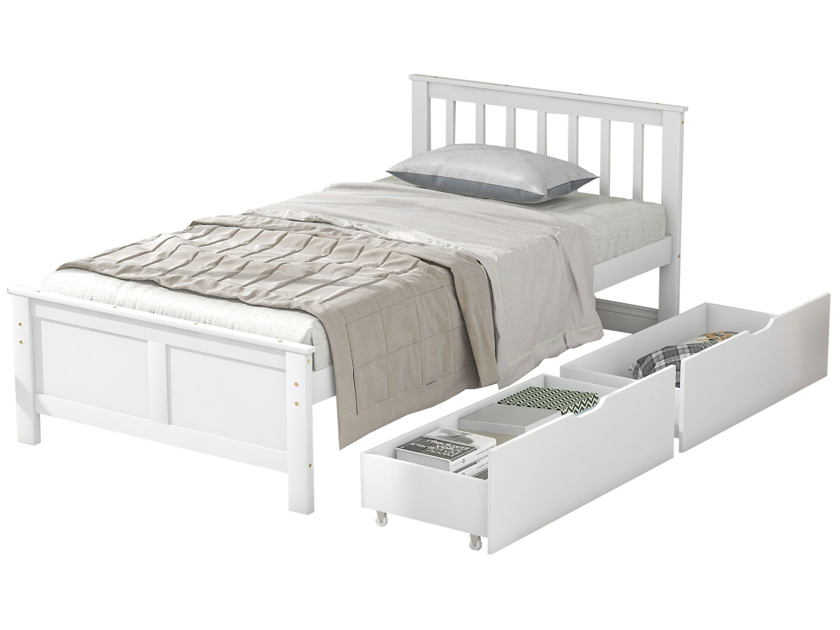 SeedWave Holzbett Nordischer Holzbett im skandinavischen Stil, Holzbett mit 2 Schubladen, Doppelbett Einzelbett Weiß, Vertikales Gitter Bett Kopfteil