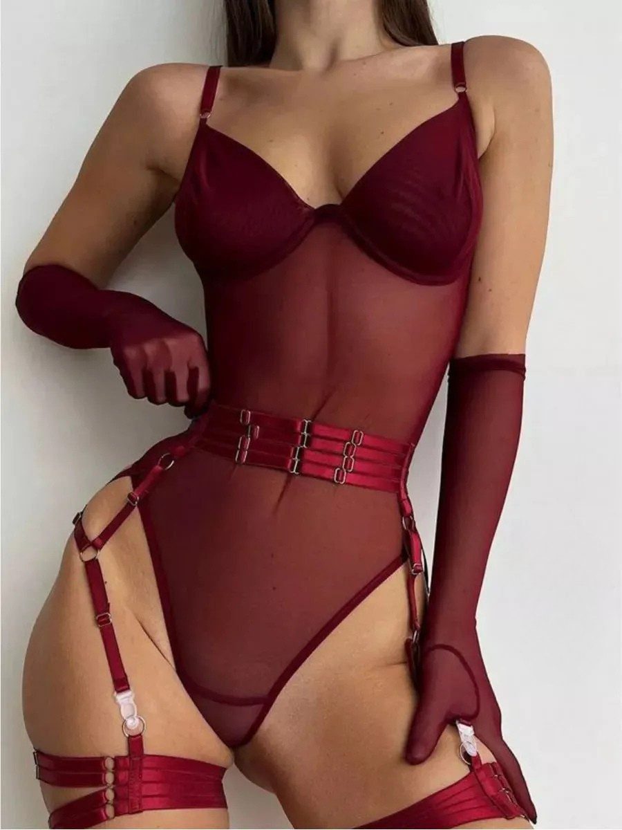 Elegant Love Body Bodysuit, Reizwäsche mit Bügelcups und eleganten Strapsbändern (Set, 4-tlg., Body mit Straps, Taillenband und Handschuhen) Sinnliche Lingerie – Dessous-Set für besondere Momente