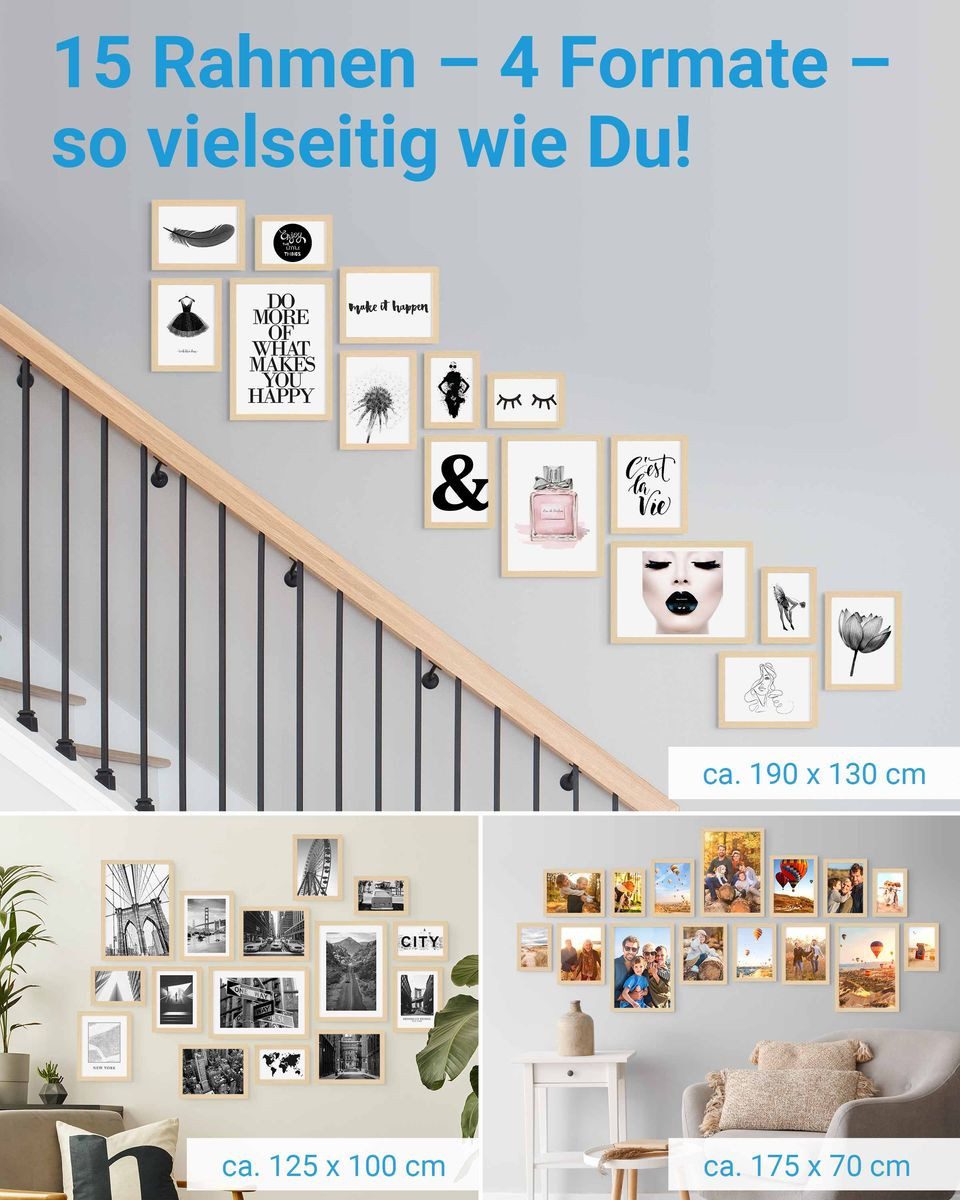 PHOTOLINI Bilderrahmen 15er Set No.2 Poster-Rahmen in verschiedenen Formaten für Einzelbilder, für 15 Bilder (15er Set No.2), MDF Holz, Acrylglas & Zubehör, Formate 10x15 bis A4 / 21x30 cm