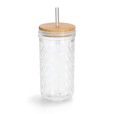 Zeller Present Küchenorganizer-Set Trinkglas m. Bambusdeckel u. Glasstrohhalm