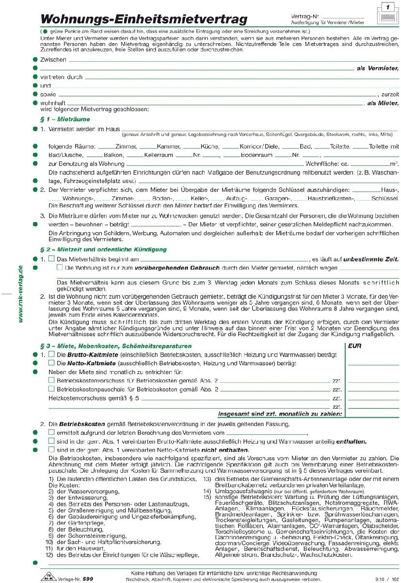 RNK Verlag Formularblock Wohnungs-Einheitsmietvertrag 4 Seiten gefalzt auf A4 + Wohnungsgeberbe