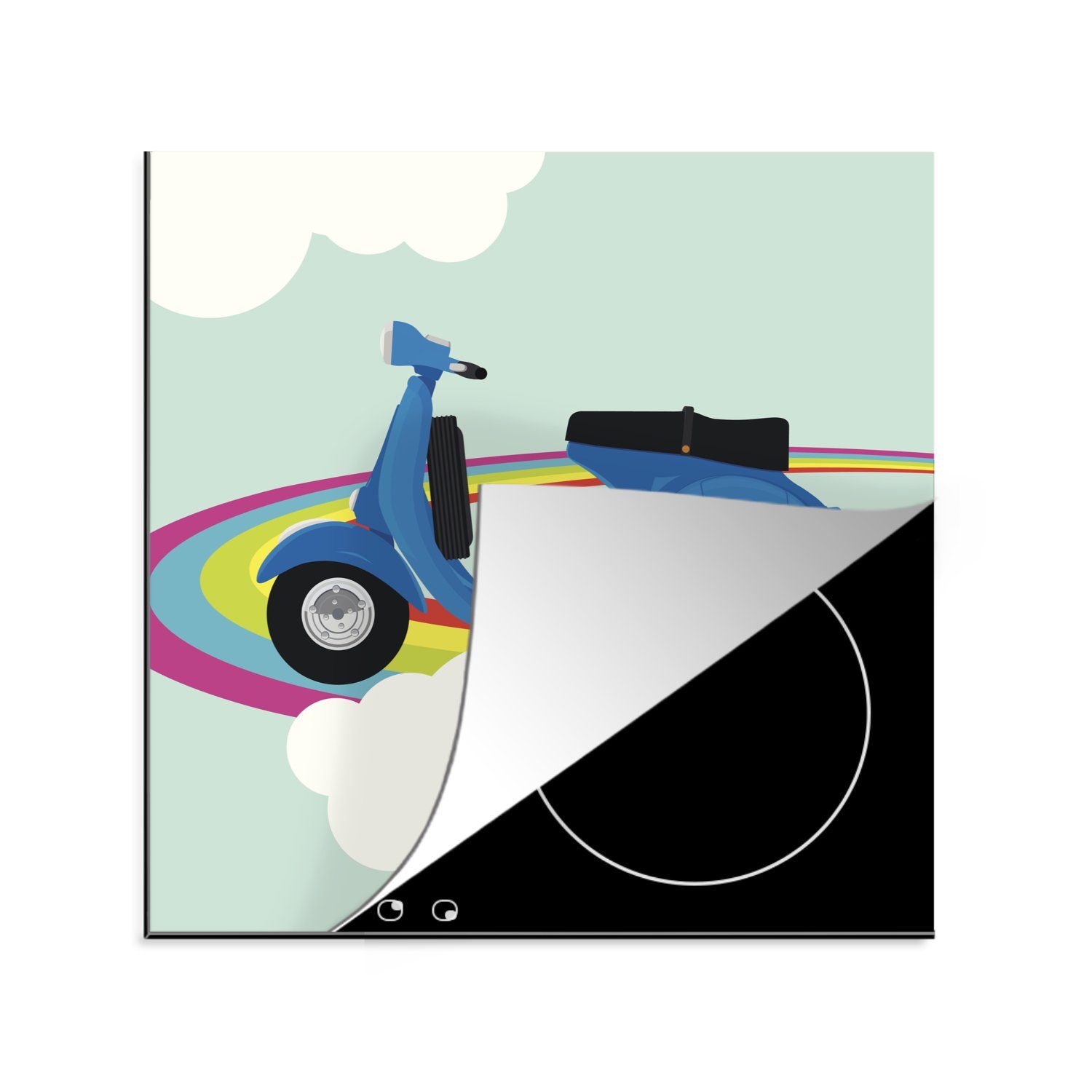MuchoWow Herdblende-/Abdeckplatte Illustration einer blauen Vespa auf einem Regenbogen, Vinyl, (1 tlg), 78x78 cm, Ceranfeldabdeckung, Arbeitsplatte für küche