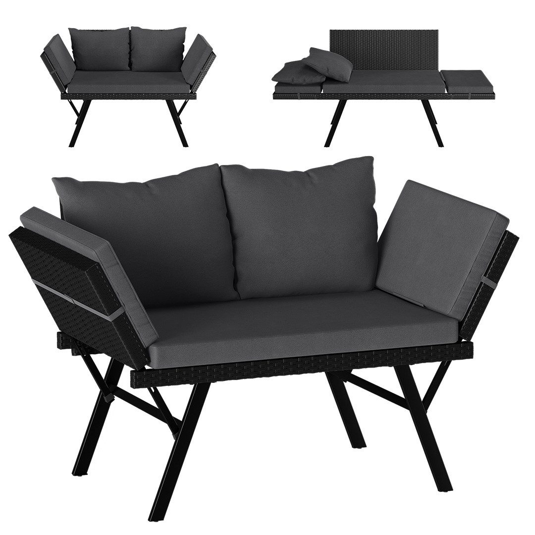 STEELSØN Gartenbank Elytra Relax-Lounge mit klappbaren Armlehnen, 4 Positionen, wetterfest (schwarz/anthrazit, inkl. Kissen), Sitzbank mit Liegefunktion bis 177 cm, Rattan Sonnenliege