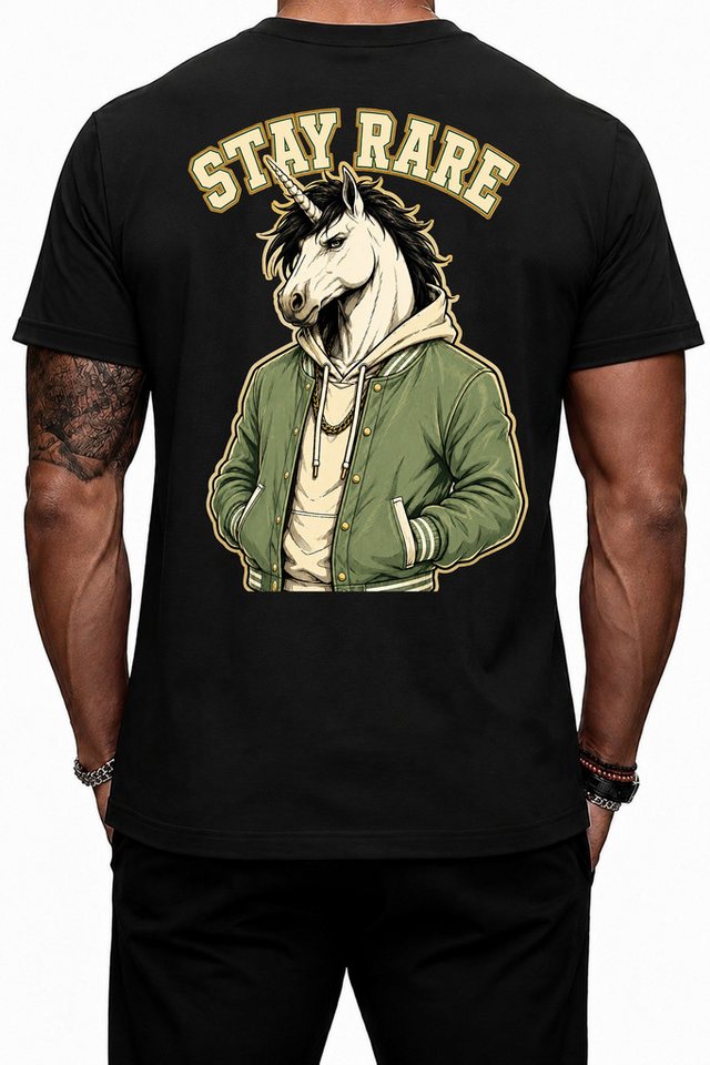 Banco T-Shirt Herren STAY RARE Einhorn Rückenprint Streetwear Rundhals 100% Baumwolle
