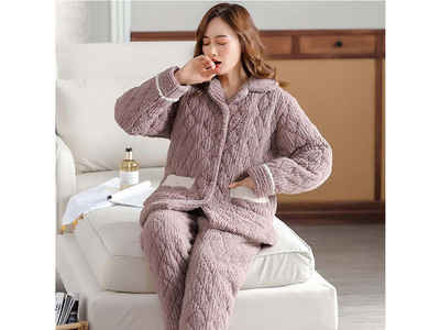FIDDY Pyjama Damen-Pyjama-Set, Winter, warm, flauschig, Pyjama, Strickjacke,Größe L