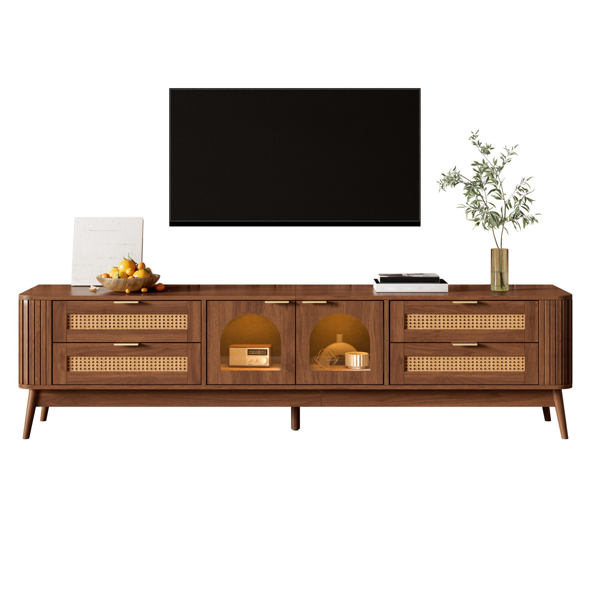 Merax Lowboard mit LED-Beleuchtung per App (Sideboard Fernsehmöbel TV-Schrank, 1 St., 180 L x 40 B x 50 H cm), Lowboard mit gebogenen Glastüren,4 Schubladen,Stauraum,Massivholzfüßen