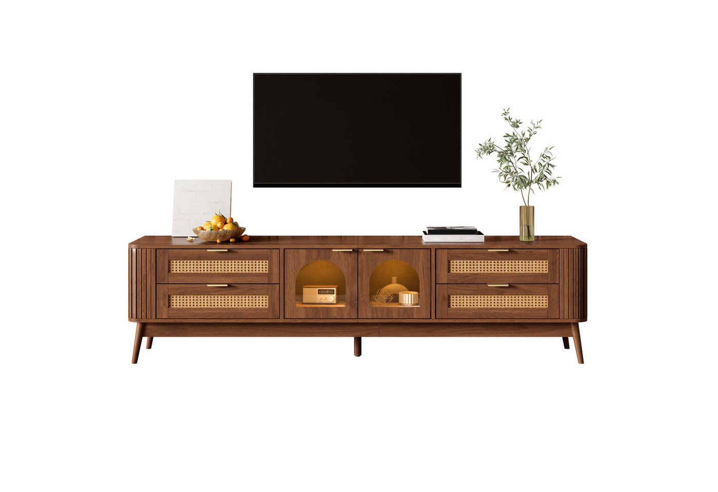 Merax Lowboard mit LED-Beleuchtung per App (Sideboard Fernsehmöbel TV-Schrank, 1 St., 180 L x 40 B x 50 H cm), Lowboard mit gebogenen Glastüren,4 Schubladen,Stauraum,Massivholzfüßen