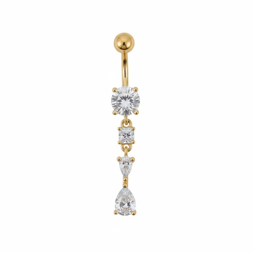 Karisma Schmuck Bauchnabelpiercing hängend Edelstahl Chirurgenstahl 316L vergoldet Bananabell Piercing, mit Zirkonia Kristallen in Tropfenform & Quadrat Klar Weiß Gold