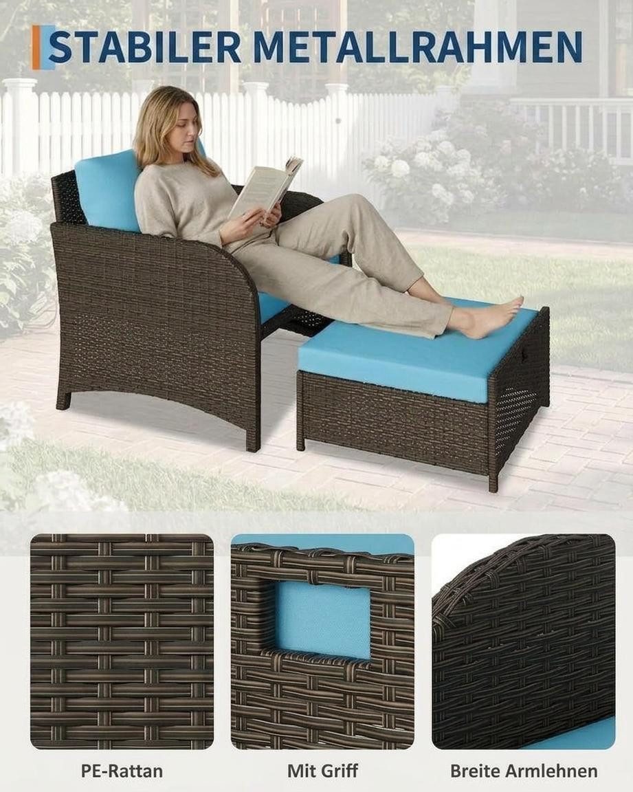 GarveeMore Gartenlounge-Set Terrassenmöbel mit Tisch,5 teilig Rattan Balkonmöbel Kleiner Balkon, (Set, 2 Sessel, 2 Hocker, 1 Couchtisch, Kissen, Glasplatte), Ga – Bild 4 von 5