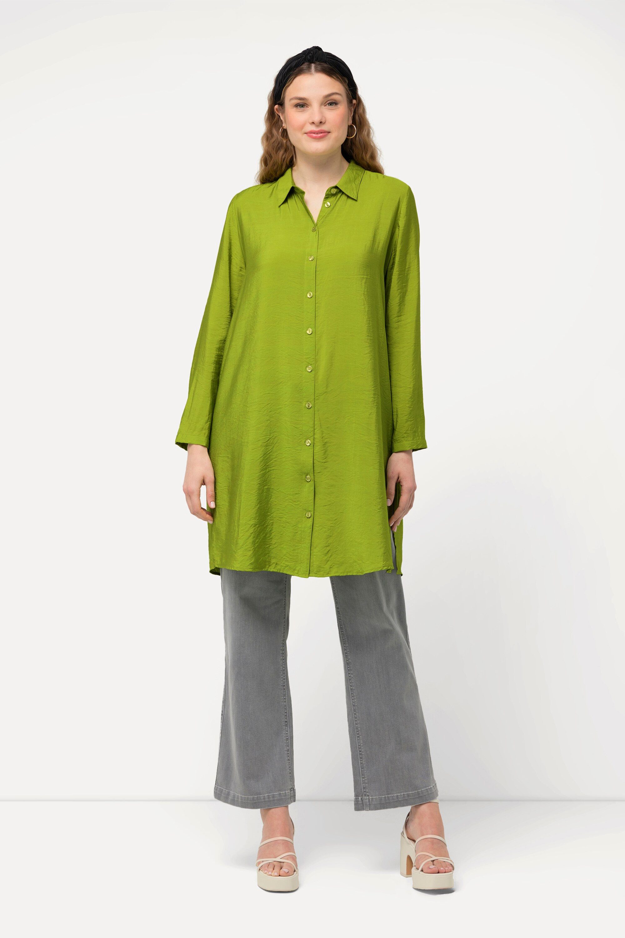 Longbluse Longbluse A-Linie Hemdkragen Langarm