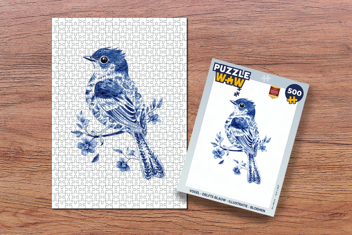 MuchoWow Puzzle Vogel - Delfter Blau - Illustration - Blumen, 500 Puzzleteile, Foto-Puzzle, Bilderrätsel, Puzzlespiele, Spielzeug