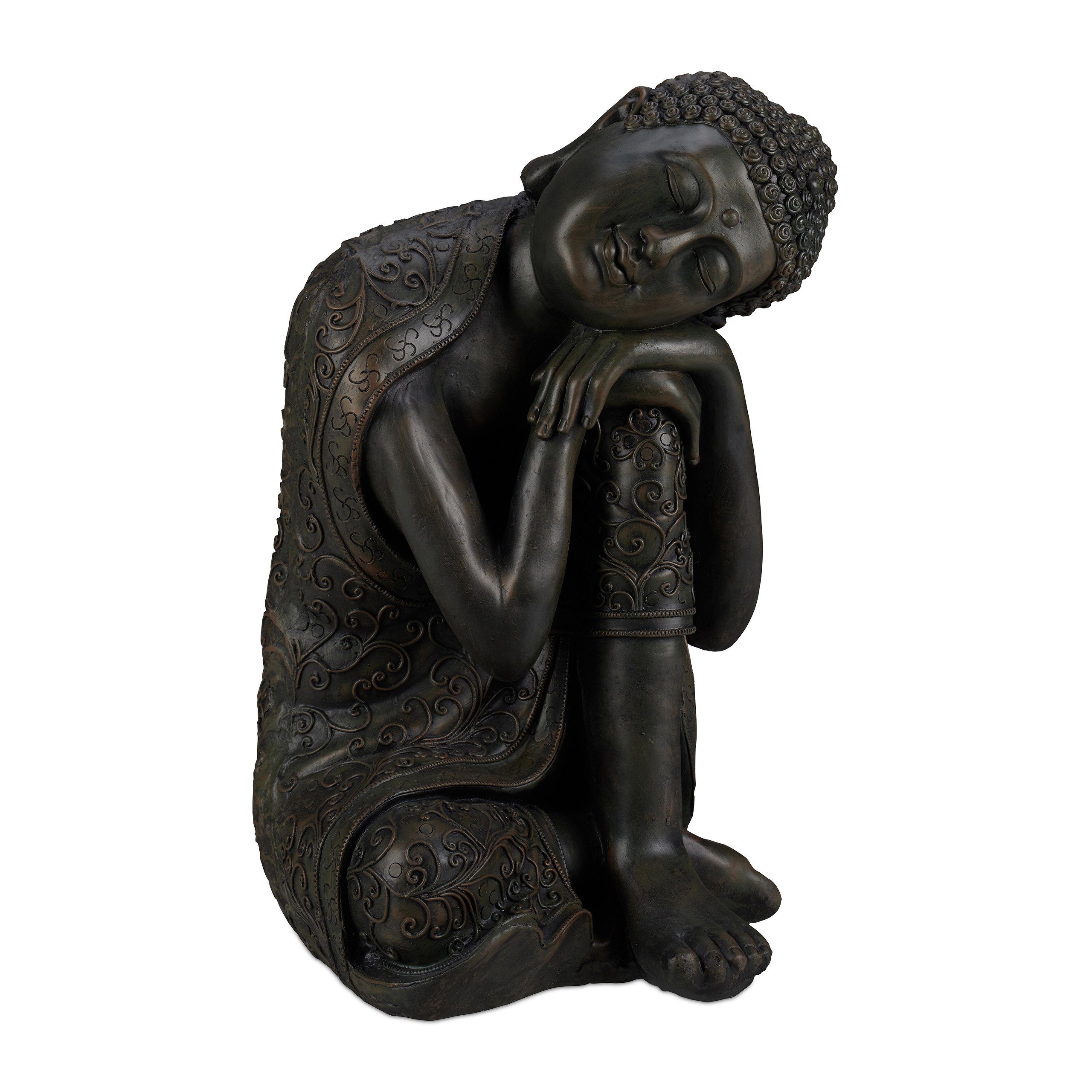 relaxdays Buddhafigur Buddha Figur geneigter 60 Dunkelgrau Kopf Anthrazit cm