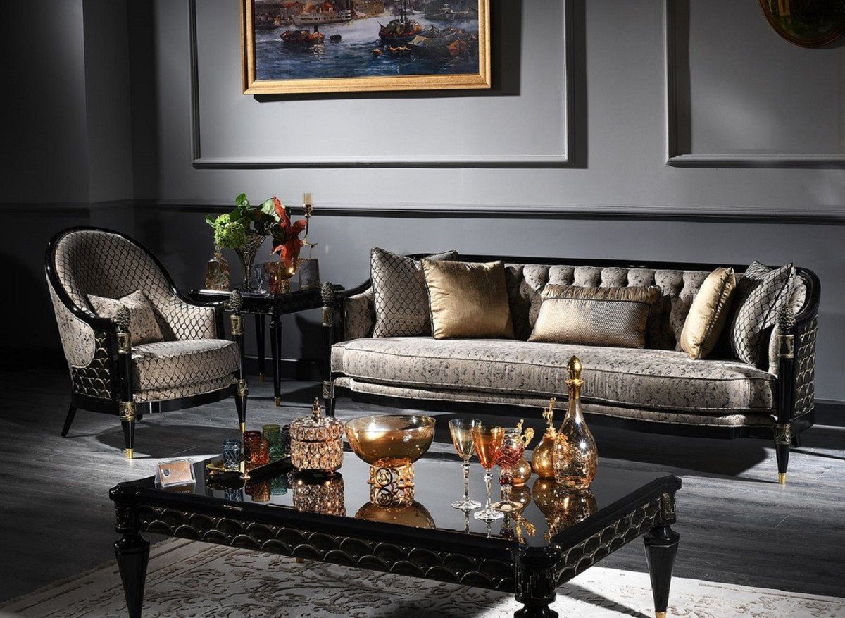 Casa Padrino Couchtisch Luxus Barock Set Silbergrau / Schwarz / Gold - 2 Sofas & 2 Sessel & 1 Couchtisch & 2 Beistelltische - Prunkvolle Barock Möbel - Luxus Qualität | Couchtische