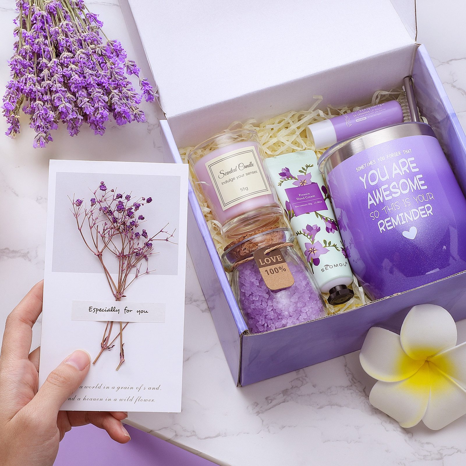 Wootoy Geschenkbox Geschenkset Geburtstagsgeschenke Pflege-Geschenkbox mit Sonnenmotiv (mit Thermobecher Handcreme Lippenbalsam Badesalz Duftkerze Grußkarte, 7 St., 330-ml-Thermobecher mit Edelstahl-Innenseite für heiße kalte Getränke), Geschenkidee für Geburtstage Feiertage und weitere besondere Anlässe