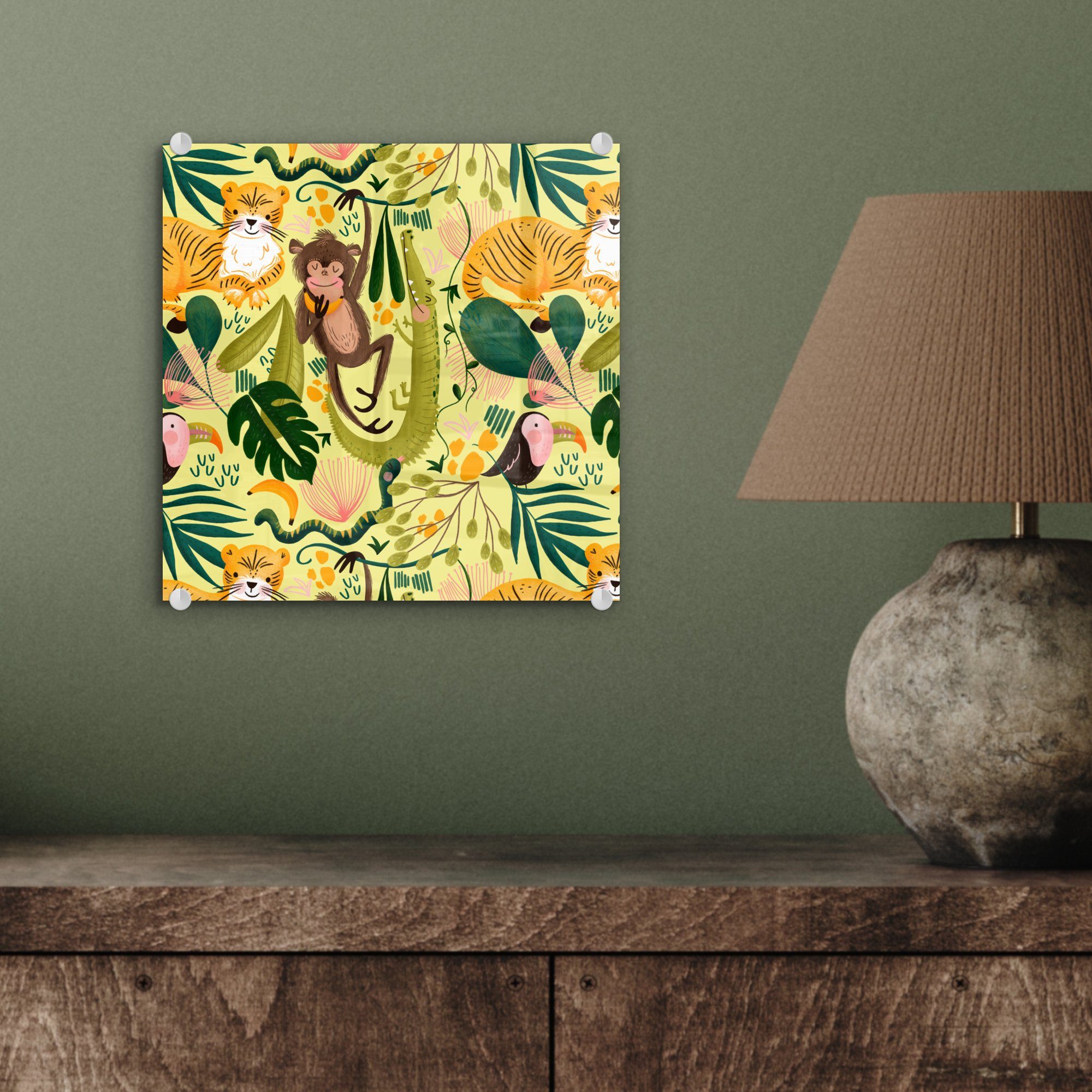 (1 Glas - Acrylglasbild MuchoWow Krokodil auf Dschungel - Wandbild Affe Foto St), Gelb, auf Glasbilder Bilder - Wanddekoration Glas - - -