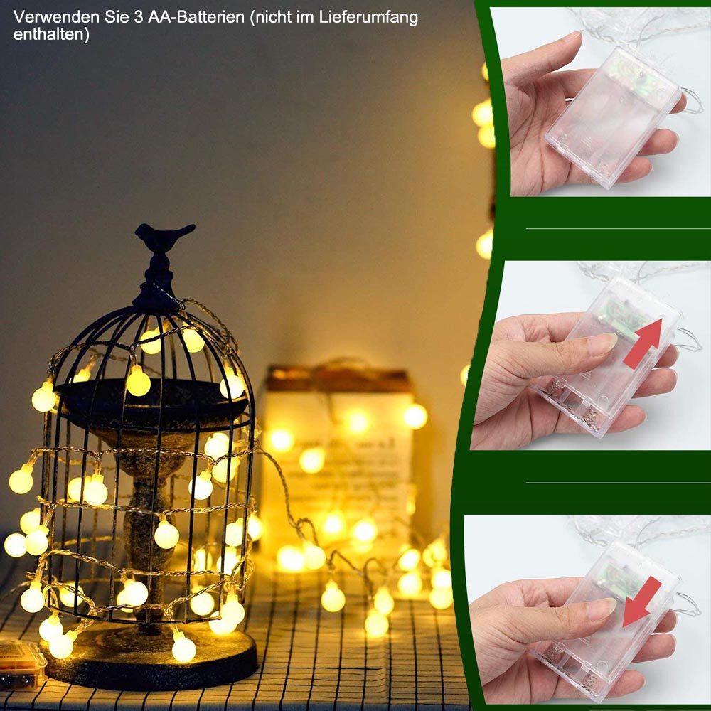 Qualra LED-Lichterkette Lichterkette Außen 20/40LED 3/6M Kugel Außenlichterkette, Batteriebetrieben für Indoor Outdoor Partys Wanddekoration