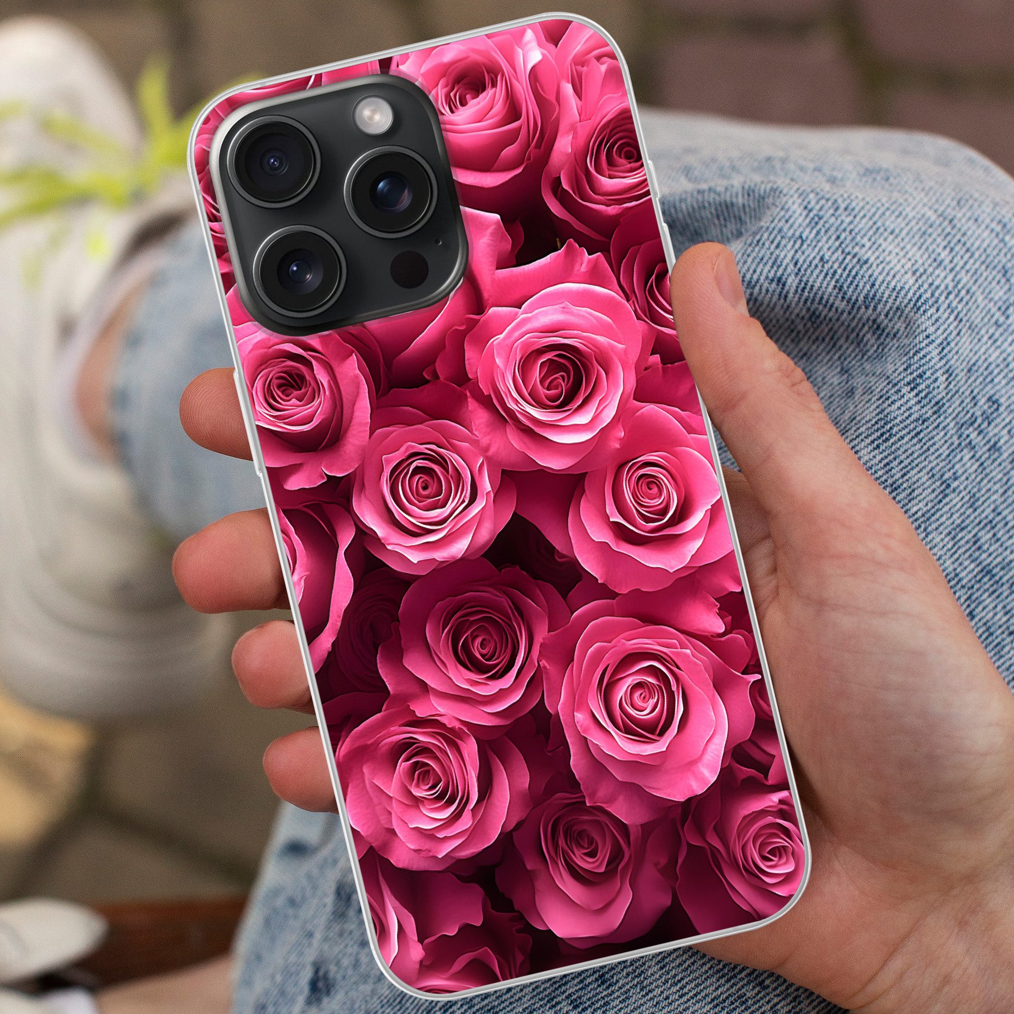 MuchoWow Handyhülle für Apple iPhone 15 Pro Max Rosen - Rosa - Blume, Smartphone-Bumper, Print, Handy Schutzhülle Dünn