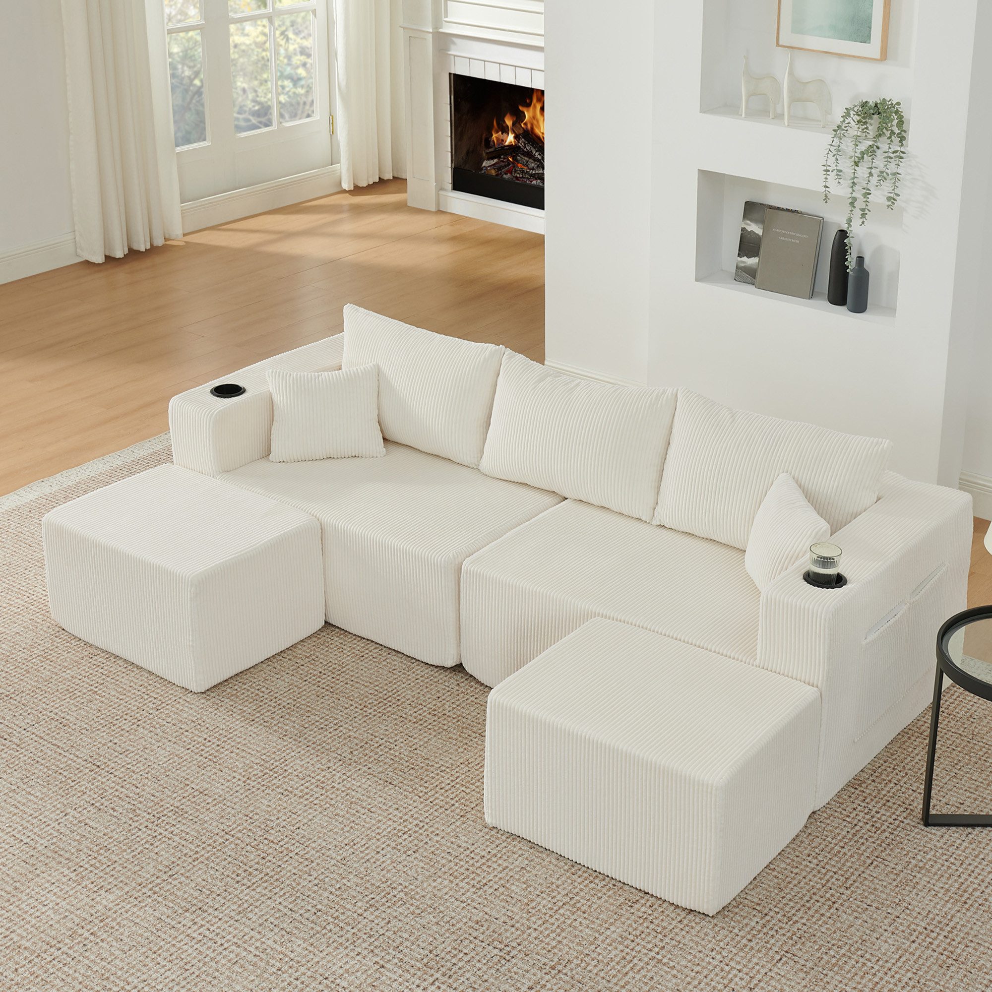 OKWISH Ecksofa Modulares 3-Sitzer Ecksofa mit beweglichen Ottomanen, Inklusive Kissen, Beige für Wohnzimmer & Hotels 1 Teile, Weicher Cordstoff, Getränkehalter & Seitentasche