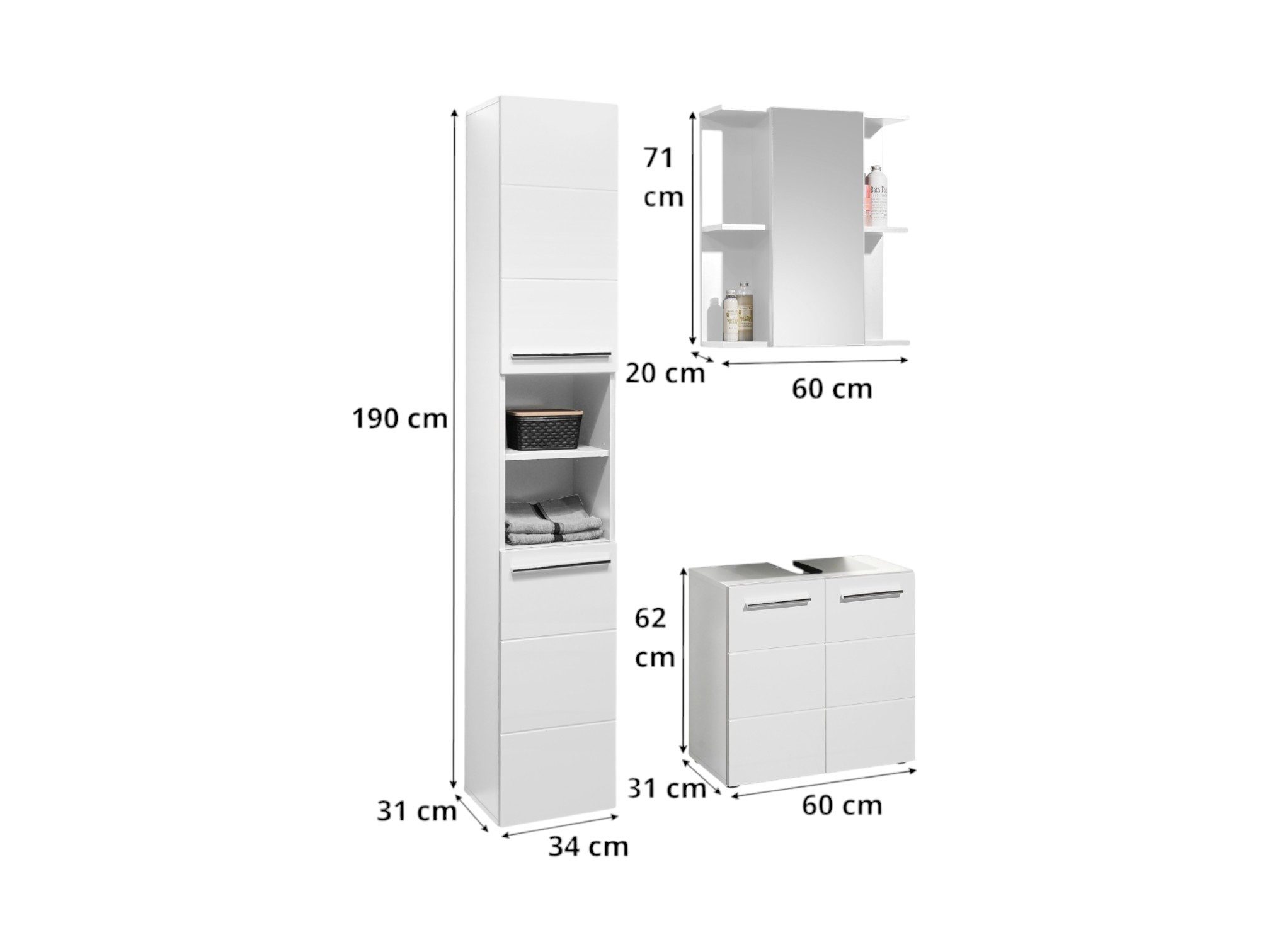 moebel-dich-auf Badezimmer-Set VALENCIA, (Hochschrank, Waschbeckenunterschrank, Spiegelschrank, MDF-Fronten tiefgezogen, Korpus melaminbeschichtet)