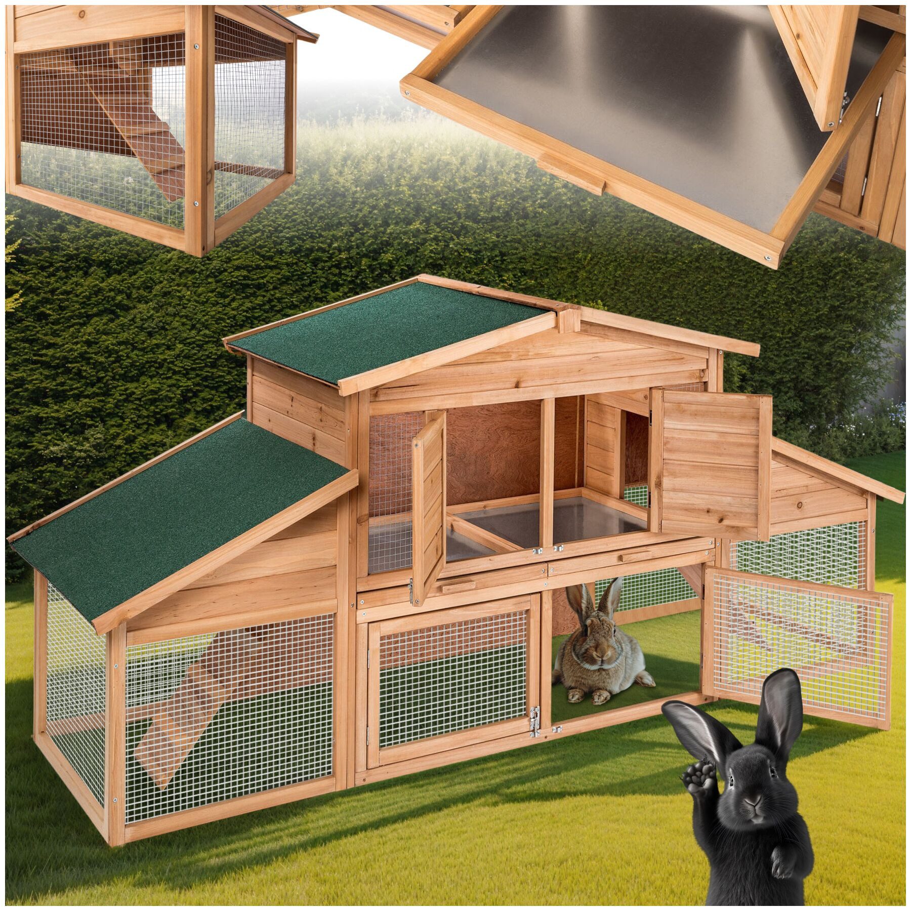 tectake Freigehege Tierauslauf, 226 x 77 x 95,5 cm, aus Holz, Ruhezone &, 2 Etagen, 4 Türen, inkl. ausziehbarer Schublade, engmaschiges Gitter