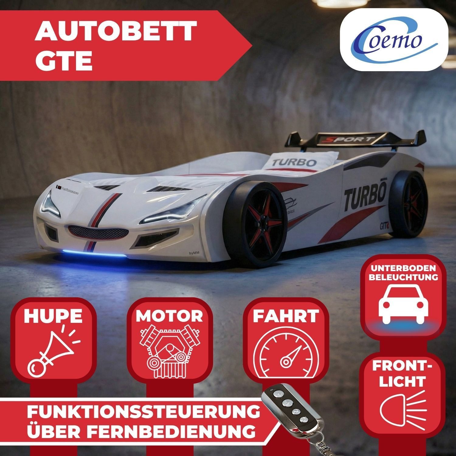 Coemo Autobett GTE (1-tlg., Komplett-Set Bett und Lattenrost), Weiß Autobett Rennwagen GTE mit Lattenrost Beleuchtung Motorgeräusche