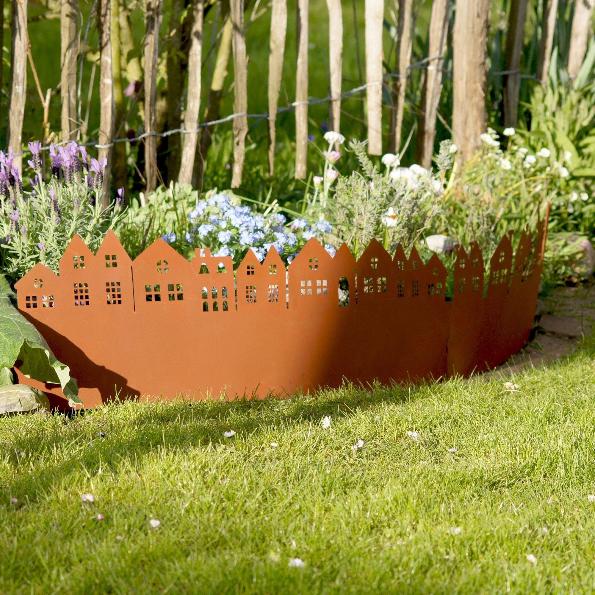 UNUS GARDEN Rasenkante Beeteinfassung Rostoptik Häuser Durchmesser 27,5 Ø cm, 1er Set - erweiterbar, Mähkante, Beetumrandung, Rasenkante 91 x 28 cm, robust