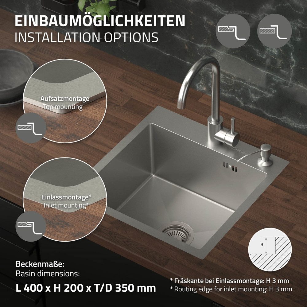 ML-DESIGN Küchenspüle Spülbecken aus Edelstahl, mit Ab- und Überlaufgarnitur & Siphon, 45/45 cm, Silber Einzelbecken Waschbecken Küche Spüle Edelstahlspüle – Bild 5 von 5