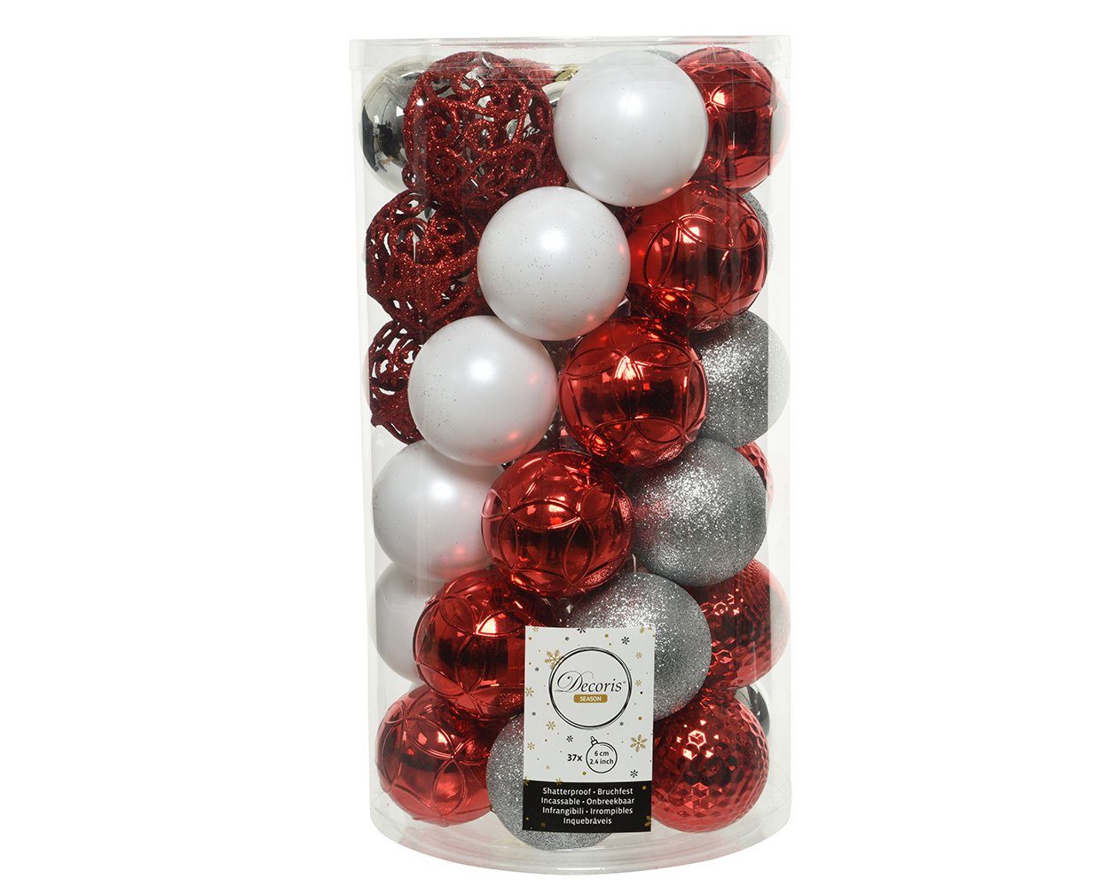 Decoris season decorations Weihnachtsbaumkugel, Weihnachtskugeln Kunststoff Ornamente 6cm rot / weiß / silber 37er Set