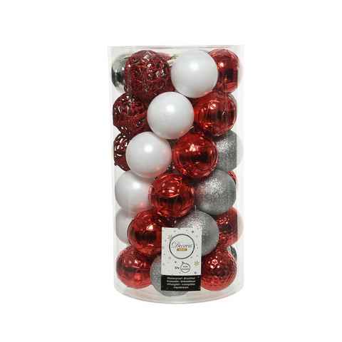 Decoris season decorations Weihnachtsbaumkugel, Weihnachtskugeln Kunststoff Ornamente 6cm rot / weiß / silber 37er Set