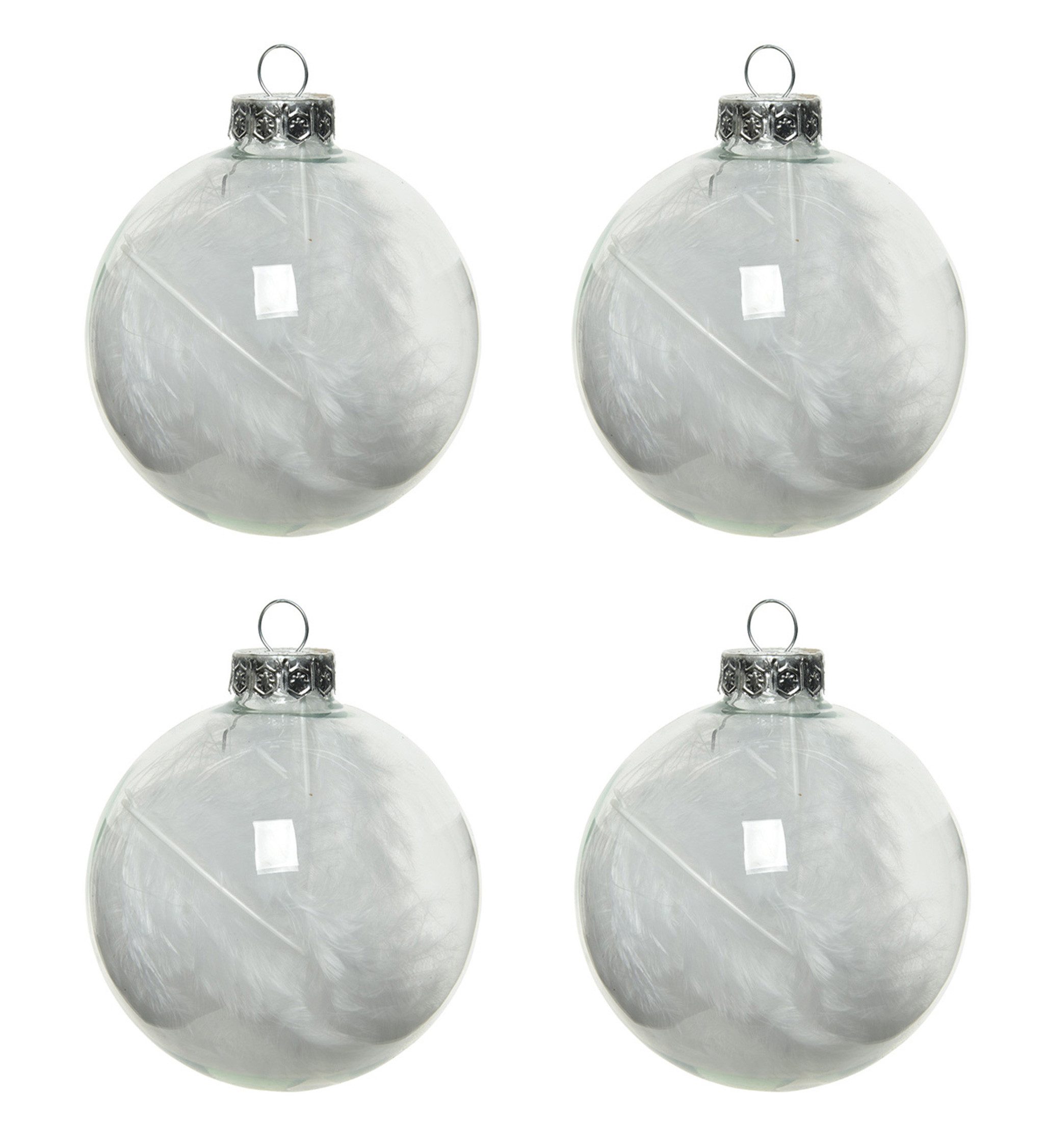 Kaemingk Christbaumschmuck, Weihnachtskugeln Glas mit Federn gefüllt 7cm, 4er Set- Klar / weiß