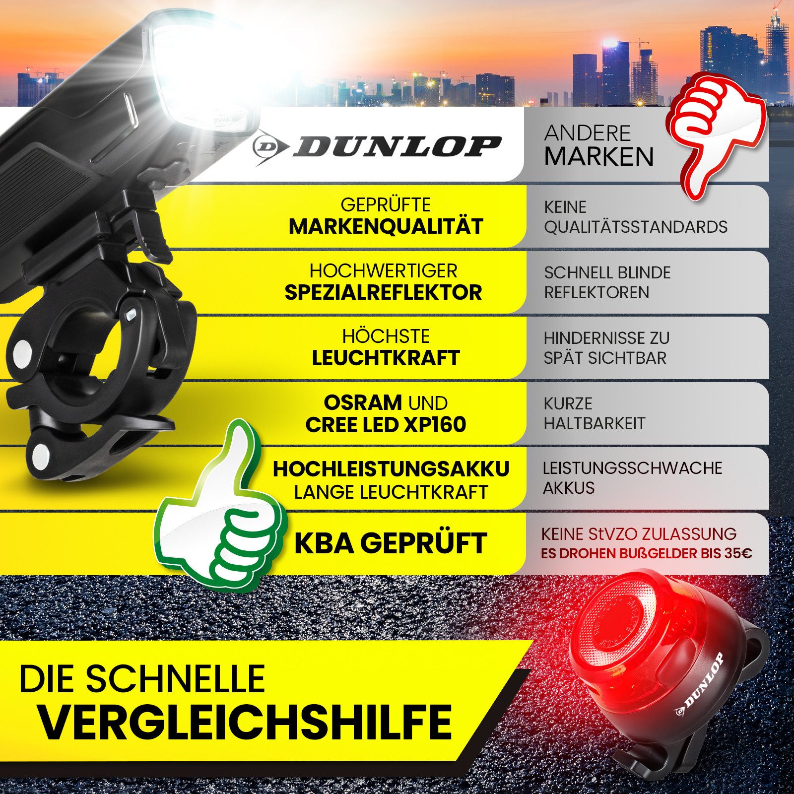 Dunlop Fahrradbeleuchtung Fahrradlicht Fahrrad Licht - Extra helles LED Licht, Hochleistungs-Akku - Fahrradbeleuchtung StVZO zugelassen