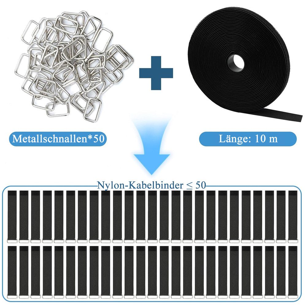 AFKSMILE Kabelbinder 10m Klettband mit 50 Metallschnalle, Freie Schnittlänge Klettbänder Wiederverschließbar Klett Kabelbinder für Kabel Schläuche Rohre usw