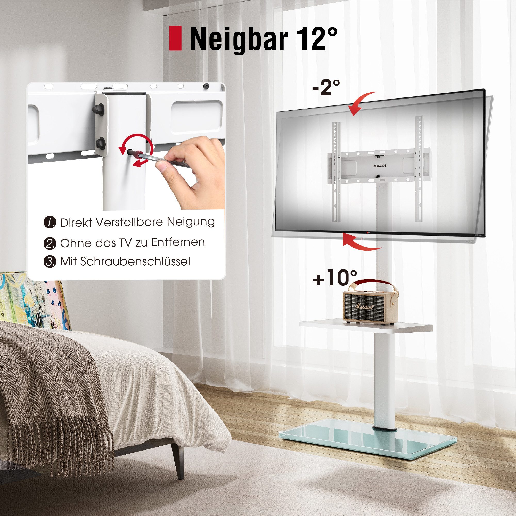 AOKCOS TV-Ständer Fernsehhalterung mit Ablage, 32-70 Zoll, (bis 70 Zoll, Tragfähigkeit bis 40 kg, höhenverstellbar, neigbar: -2° bis +10°, schwenkbar: ±30)