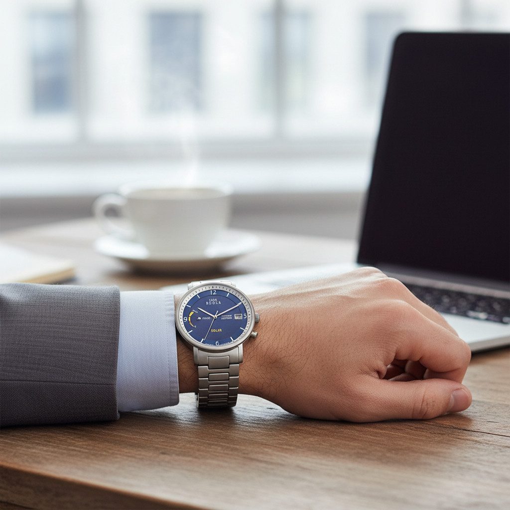 UMR Ruhla Solaruhr Titan - Blaues Zifferblatt, Titanband, 41 mm - Solarwerk 94103M, Made in Germany