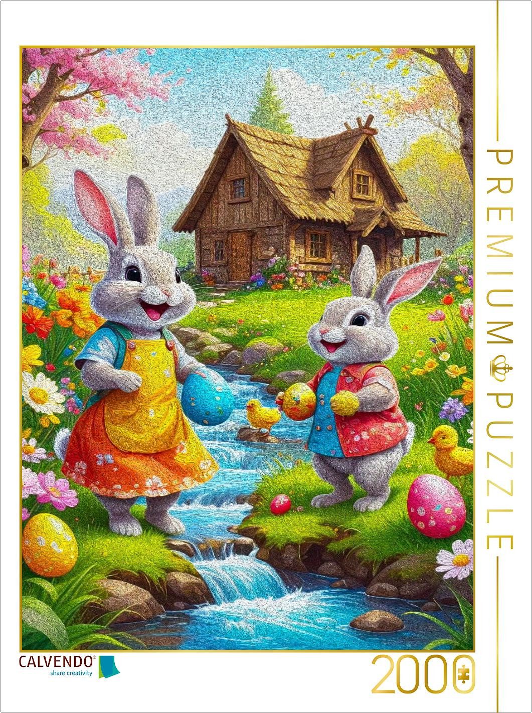 CALVENDO Puzzle CALVENDO Puzzle Zwei lustige Osterhasen verstecken Ostereier an einem, 2000 Puzzleteile