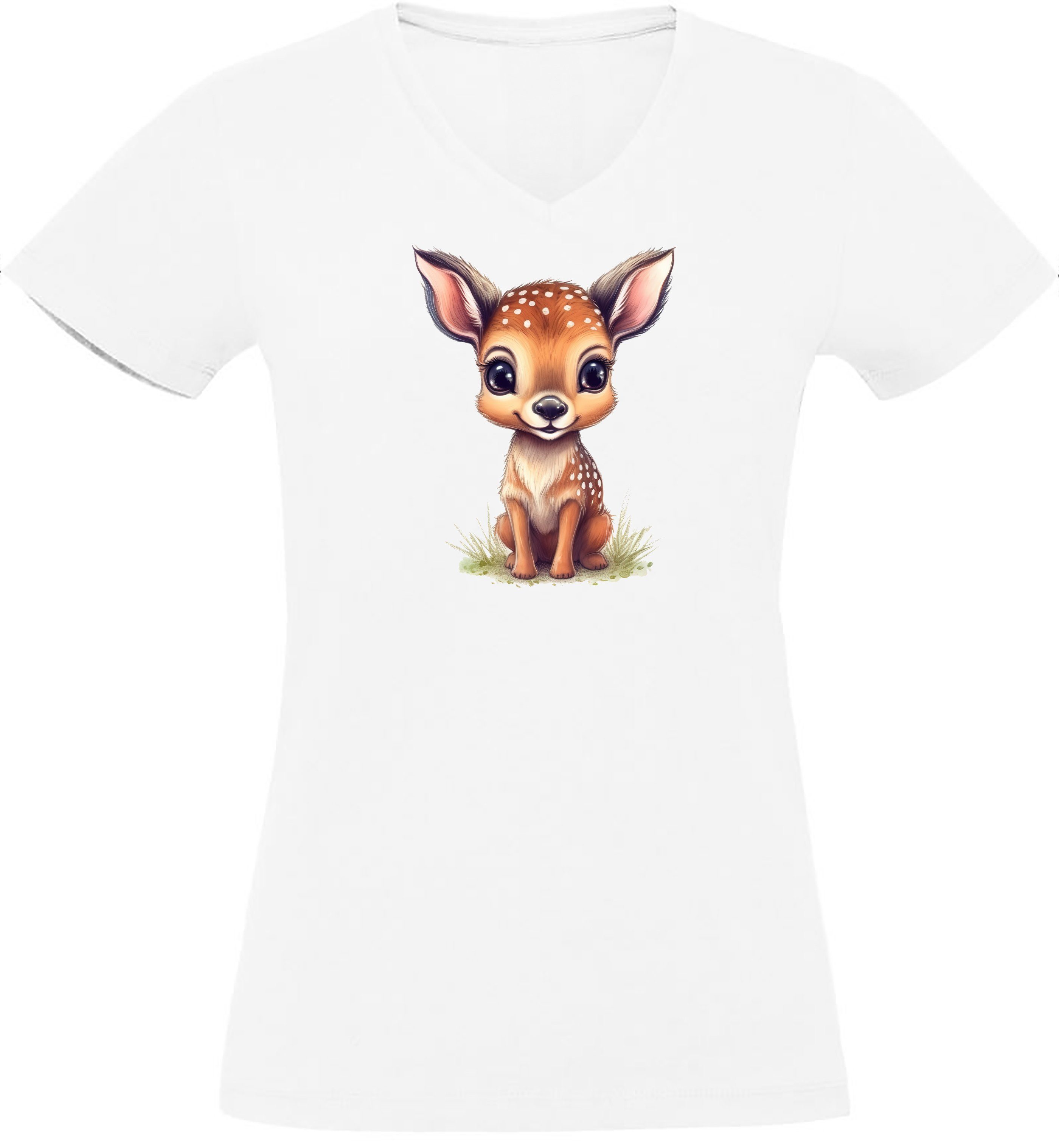 MyDesign24 T-Shirt Damen Wildtier Print Shirt - Baby Reh V-Ausschnitt Baumwollshirt mit Aufdruck Slim Fit i269