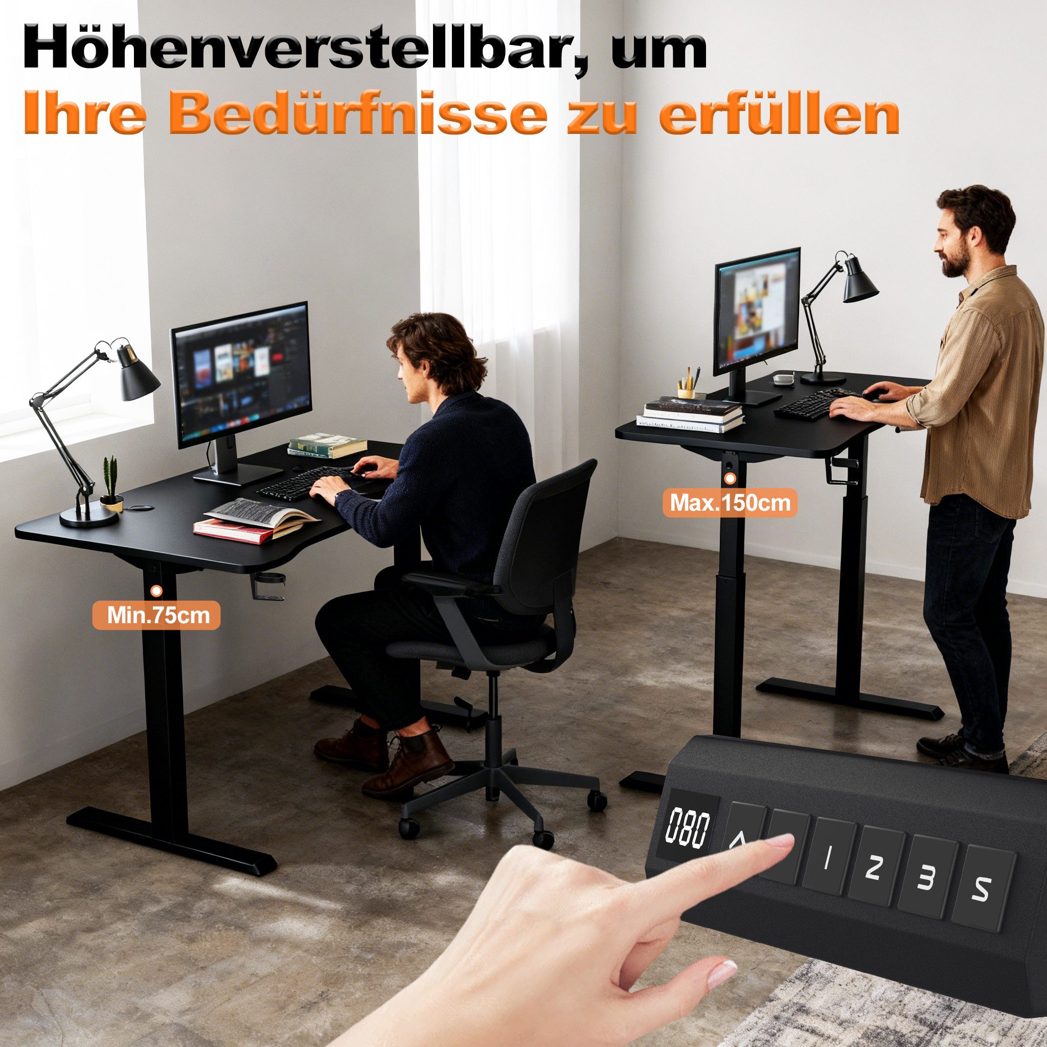 FIVMEN Schreibtisch Höhenverstellbar Stehschreibtisch Computertisch Gaming Tisch, Bürotisch Studien-Laptoptisch mit Tray und Kopfhörerhaken